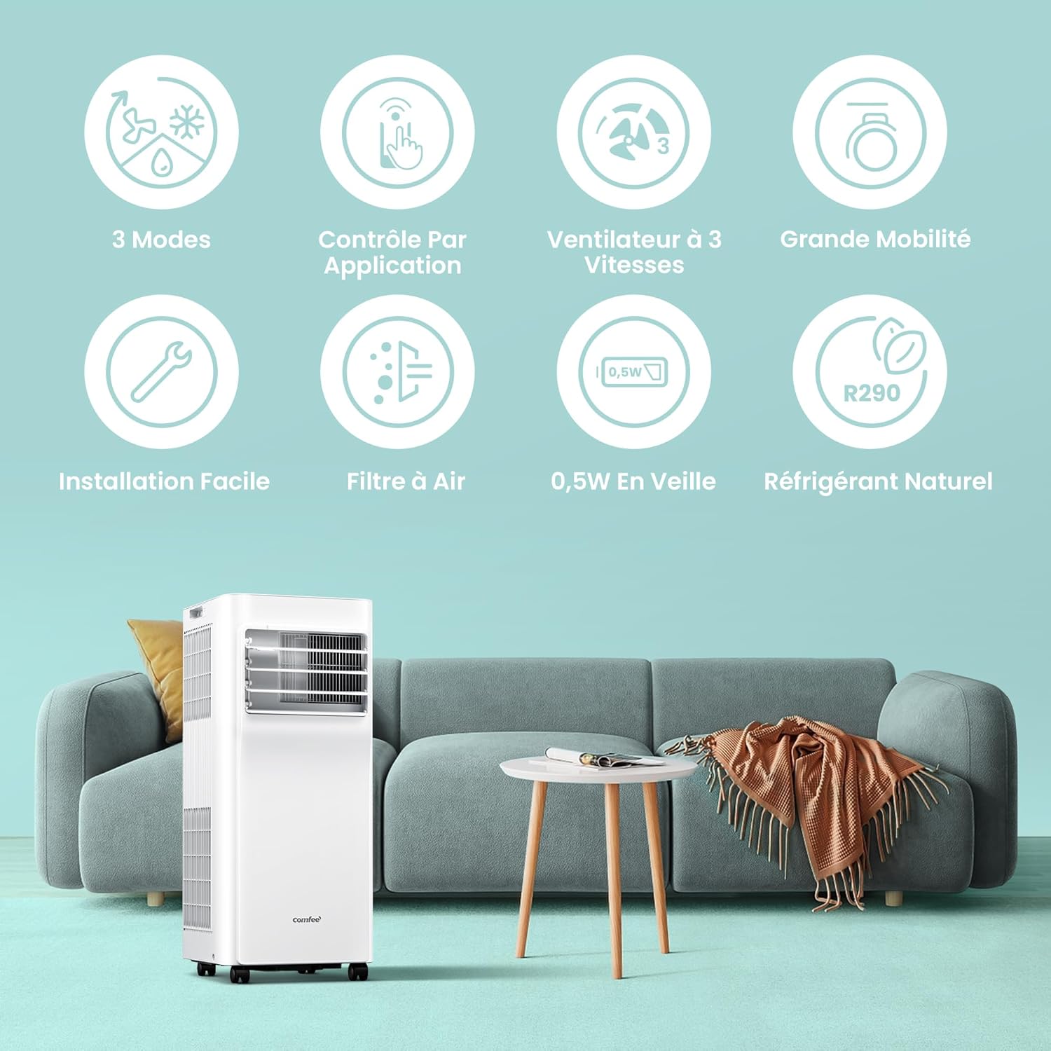 COMFEE' Climatiseur Mobile 9000 BTU/h 2,6kW, 3-EN-1 Refroidisseur Déshumidificateur Ventilateur, Fonction Follow me, Minuterie, Mode nuit, Pour salon et maison de 33㎡/88m³, MPPH-09CRN7, R290