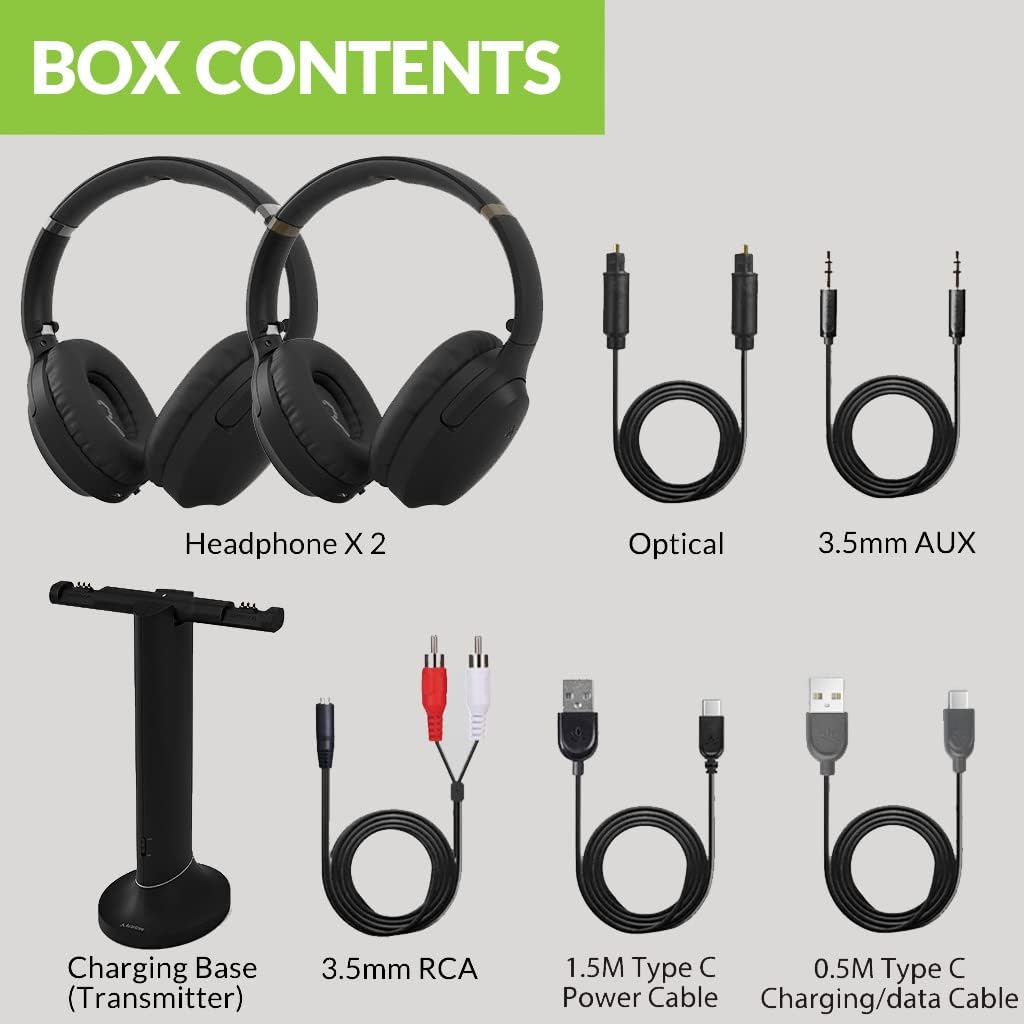 Avantree Duet - Set Doubles Casques sans Fil pour Télévision avec émetteur Support de Charge 2 en 1, Mode Dialogue Clair et Amplification Volume TV pour Séniors, Jusqu'à 100 Casques Simultanés
