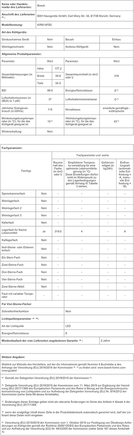 Bosch KIR81AFE0 Serie 6 Réfrigérateur encastrable, 177,5 x 56 cm, 319 L, charnière plate, fabriqué en Allemagne, VitaFresh plus 2 x fraîcheur plus longue, éclairage LED uniforme