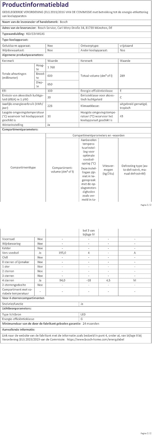 Bosch KGV33VWEAS, Série 4, Réfrigérateur congélateur, Pose libre, 176 x 60 cm, 195 L / 94 L, Blanc