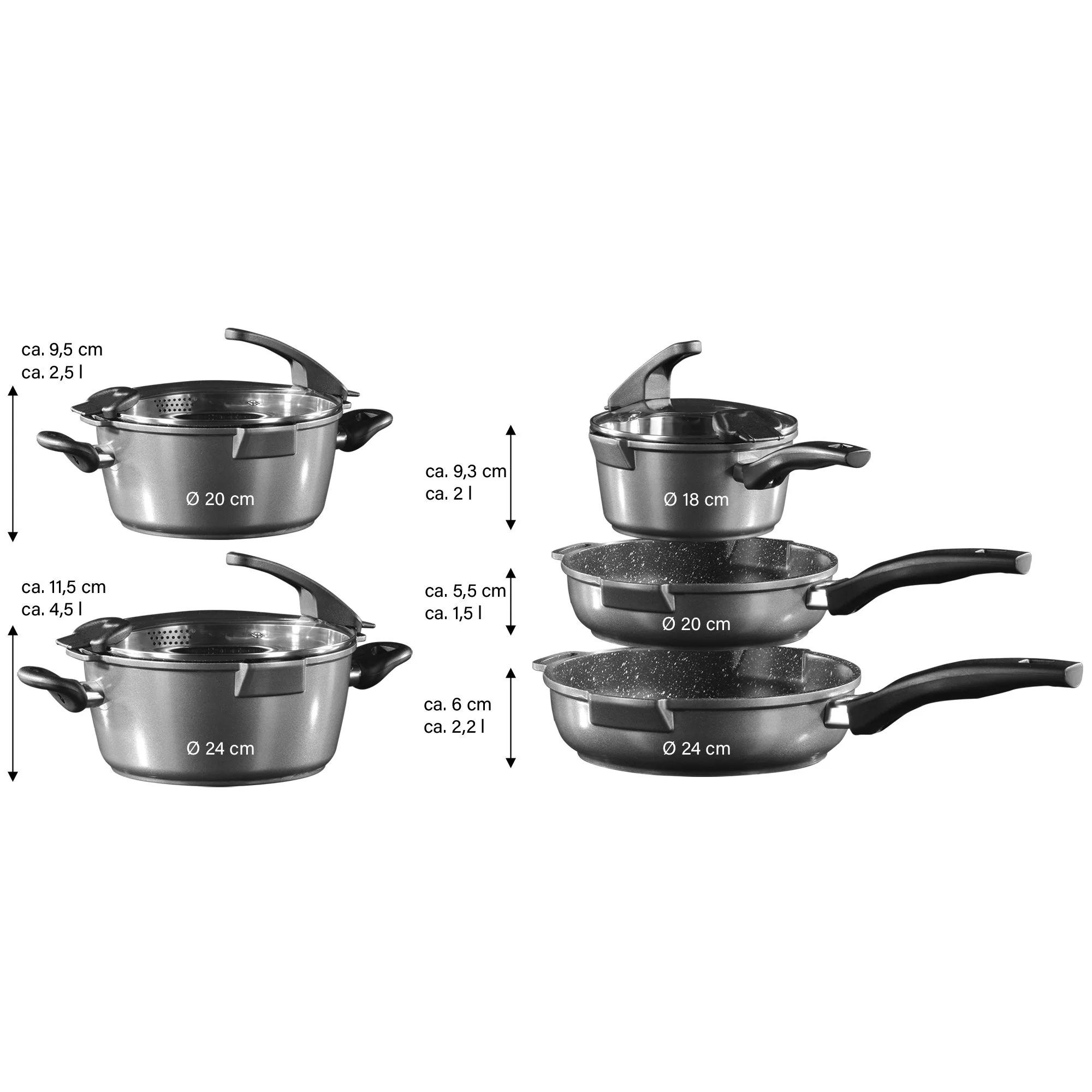 FUTURE Batterie de cuisine, 8 pcs, avec couvercle en verre avec fonction passoiren Stoneline