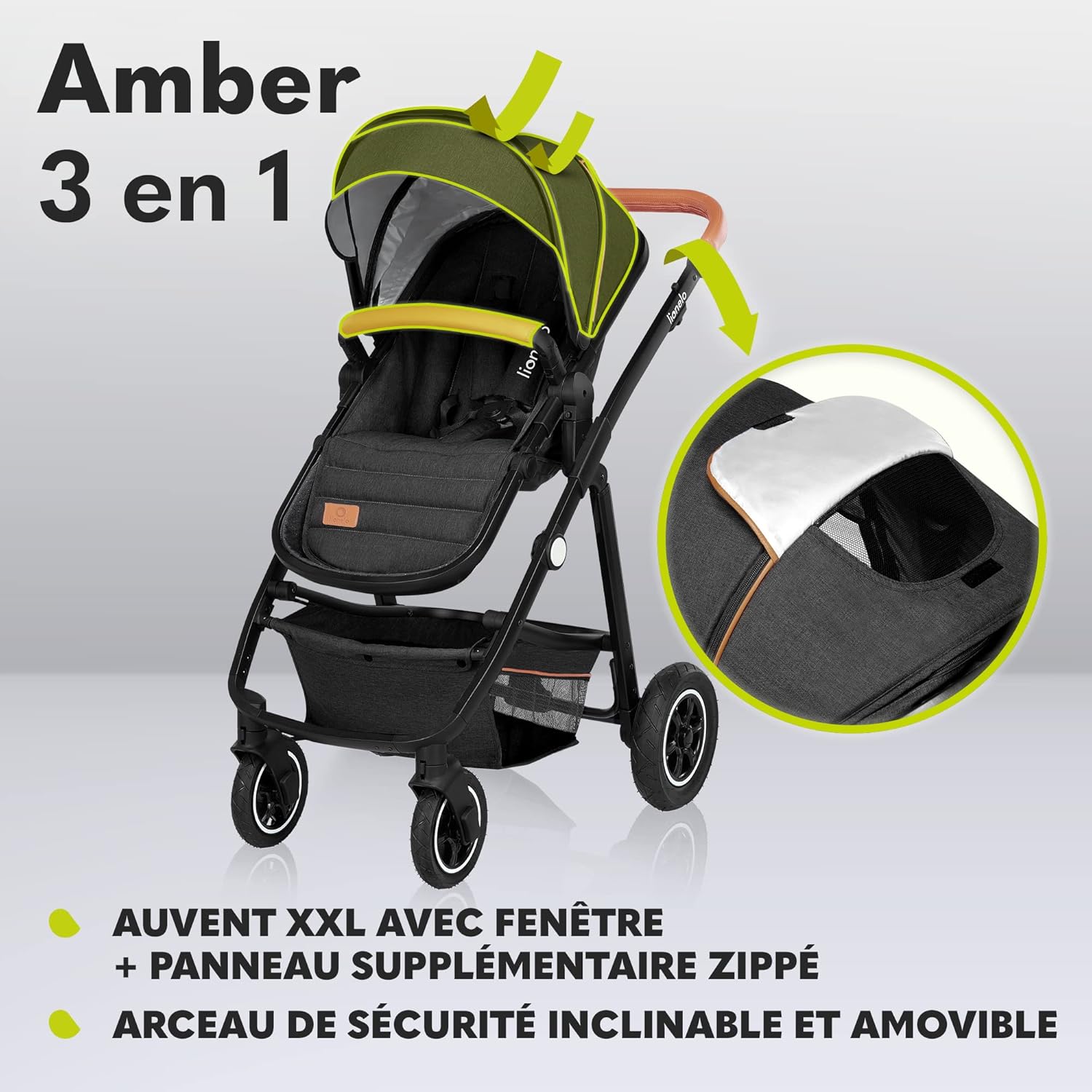 LIONELO Amber 3 in 1 poussette multifonctionnellle, landau, ensemble poussette avec siège sport et nacelle fixe, sac, moustiquaire, couvrir, feuille de pluie mit siege auto