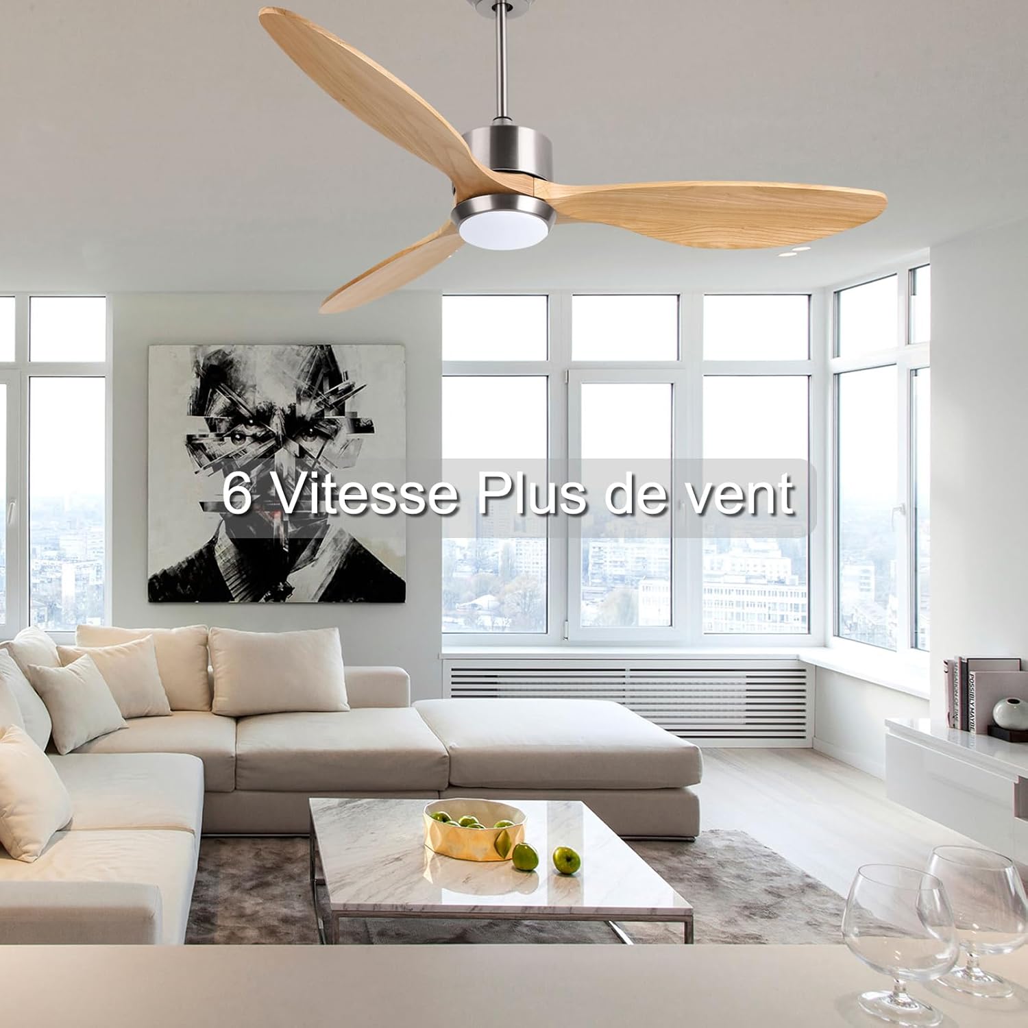 Ovlaim 132cm intérieur extérieur 3 pales hélice Smart ventilateur de plafond, Ventilateur de plafond en bois massif à moteur DC silencieux avect