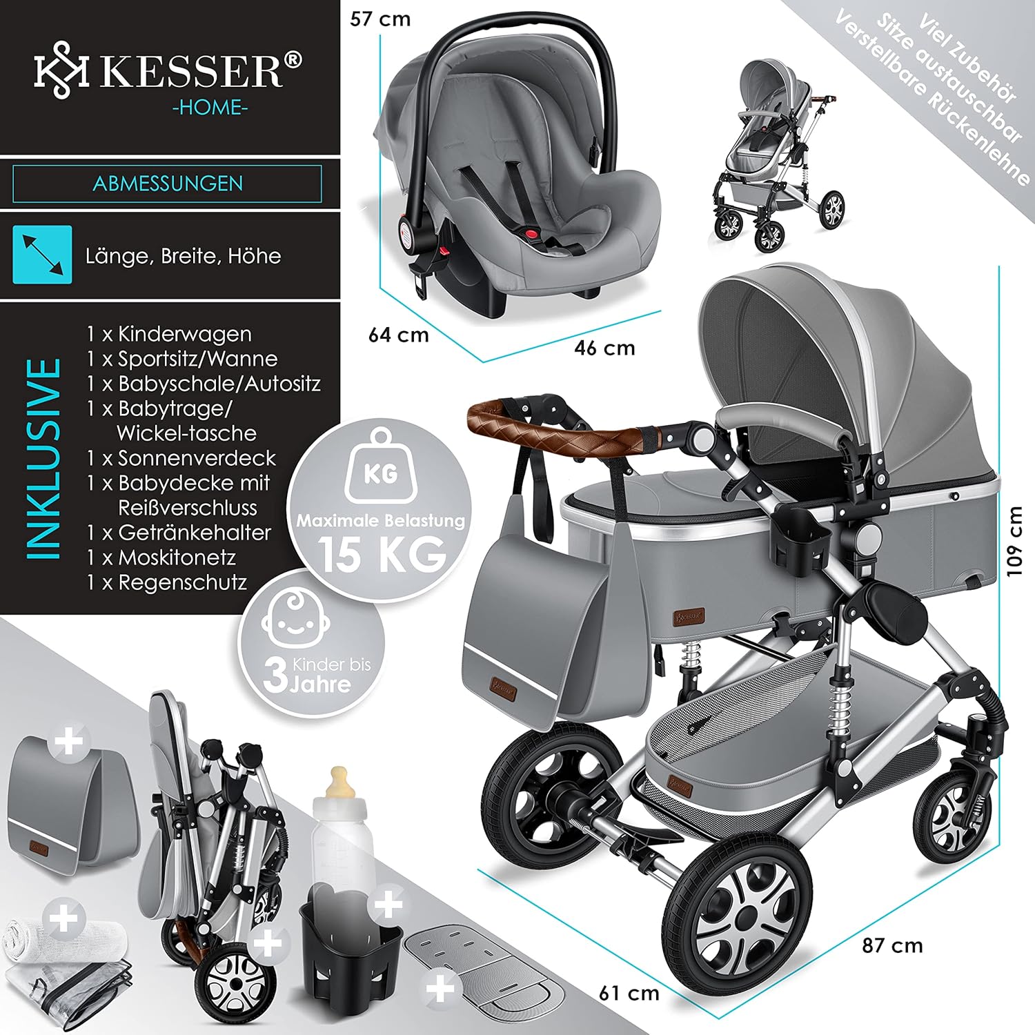 KESSER® Poussette combinée 3en1 Set incl. baignoire bébé poussette Siège sport & siège auto pour bébé Pneus pleins en caoutchouc Sac à langer Protection pluie Table pour enfant ECE R129 noir/champagne