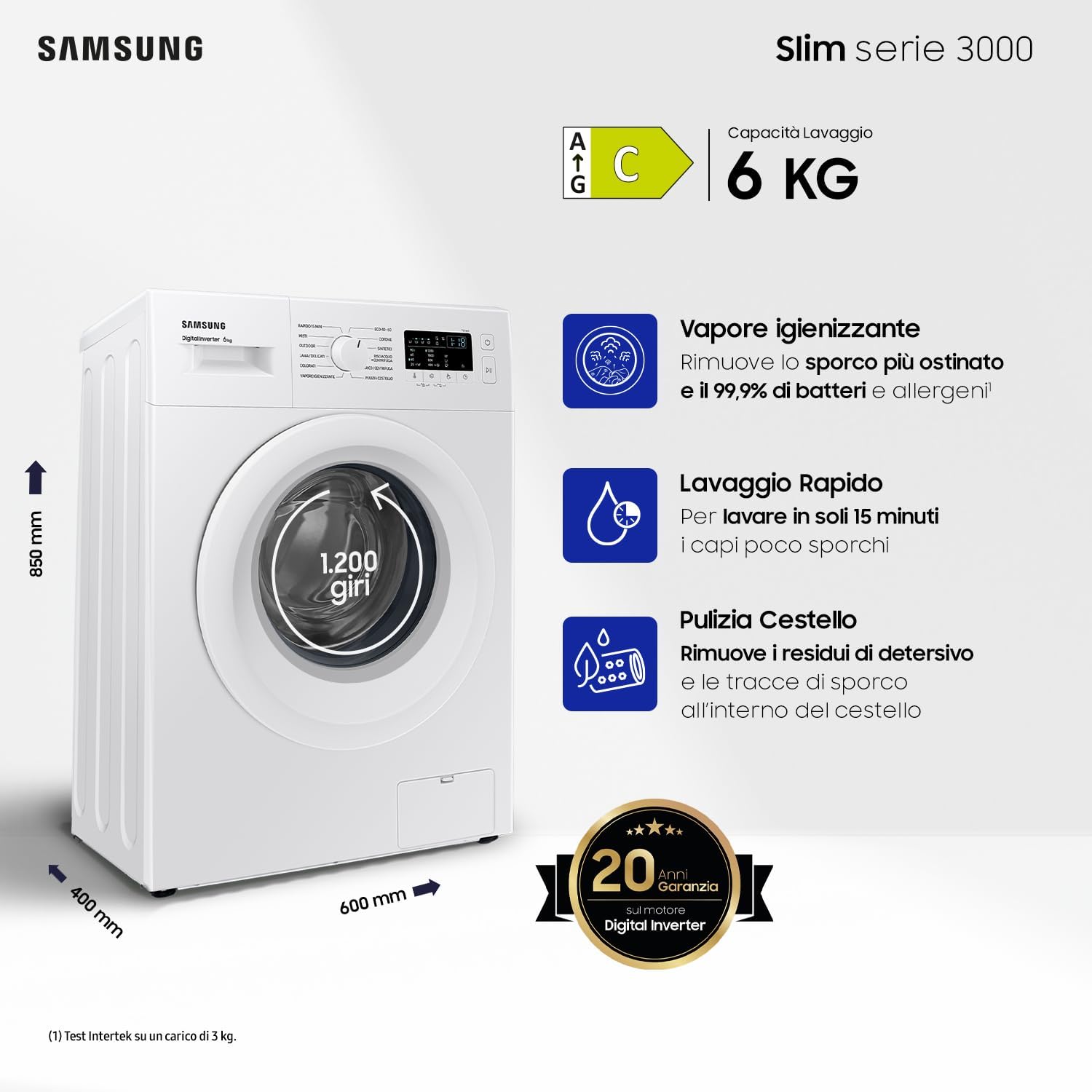 Machine à laver Samsung WW60A3120WE/ET Slim, autonome, 6 kg, 1200 tr/min, vapeur, chargement frontal, 85 x 59,5 x 40 cm, blanc