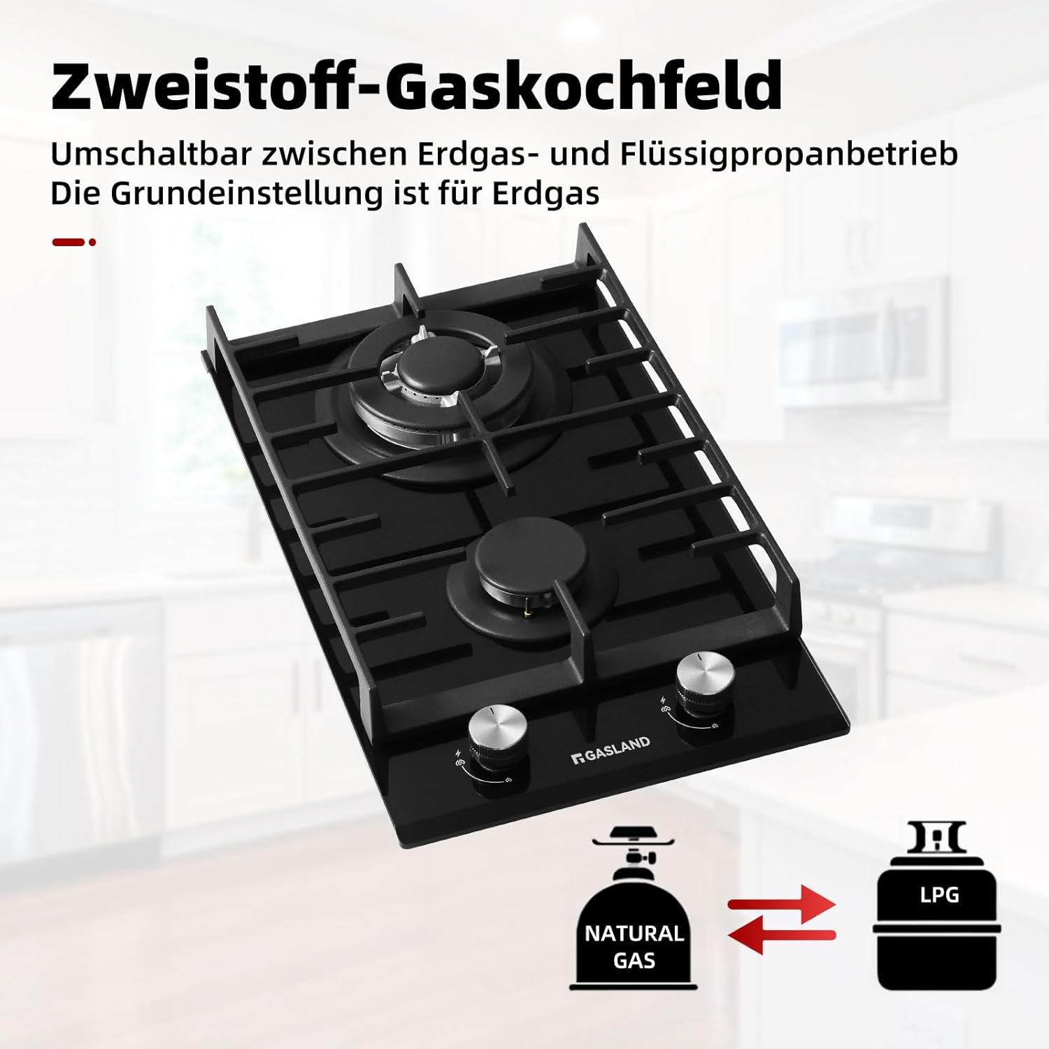 GASLAND GH2805BG1FC Table de cuisson à gaz 5 feux, Cuisinière à gaz avec brûleur wok, Table de cuisson à gaz encastrable, 76cm noir Cuisinière à gaz en verre, Cuisinière à gaz 10,4KW, GPL/NG