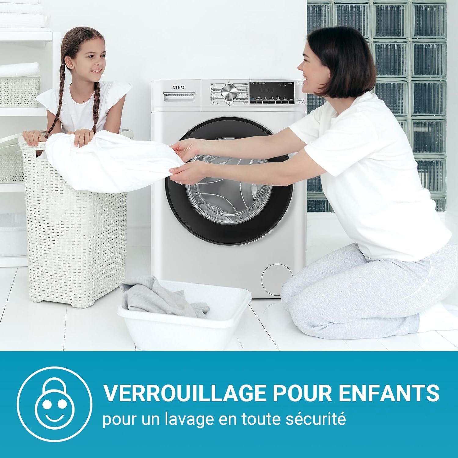 CHiQ Lave-linge à chargement frontal 10kg CFL100-14586IM3XWA,Space Pro,Moteur Inverter stable,1400 tr/min, Programme intelligent à IA,Fonction vapeur,Lavage rapide 15 minutes,15 cycles lavage,Blanc
