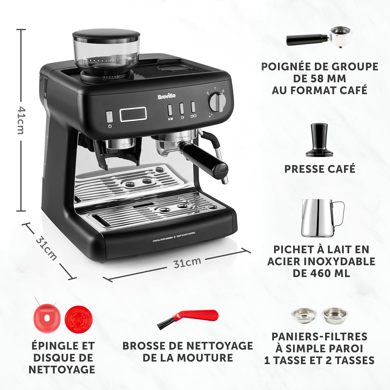 Breville Barista Max Machine à café/machine à expresso, semi-automatique avec moulin broyeur à grain intégré, buse à vapeur pour faire mousser le lait & pompe italienne de 15 bars [VCF126X]