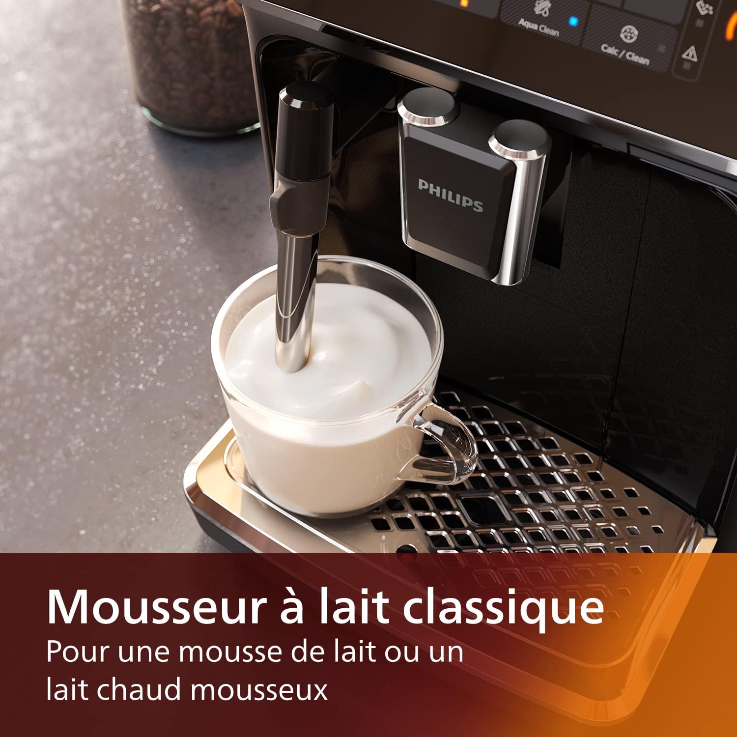 Philips Série 3200 Machine Expresso - Café à Grain - Mousseur à Lait Classique, 4 Spécialités de Café, Écran Tactile Intuitif, Noir Brillant (EP3221/40)