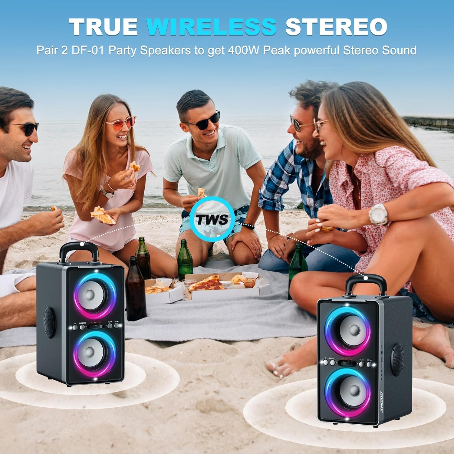 Enceinte Bluetooth Puissante, 200W Enceinte Portable Bluetooth avec Super Bass, Autonomie 15 hrs, LED Light Show, Appairage TWS, Lecture USB/TF Carte/AUX, pour Extérieur, Maison, Fêtes, Camping