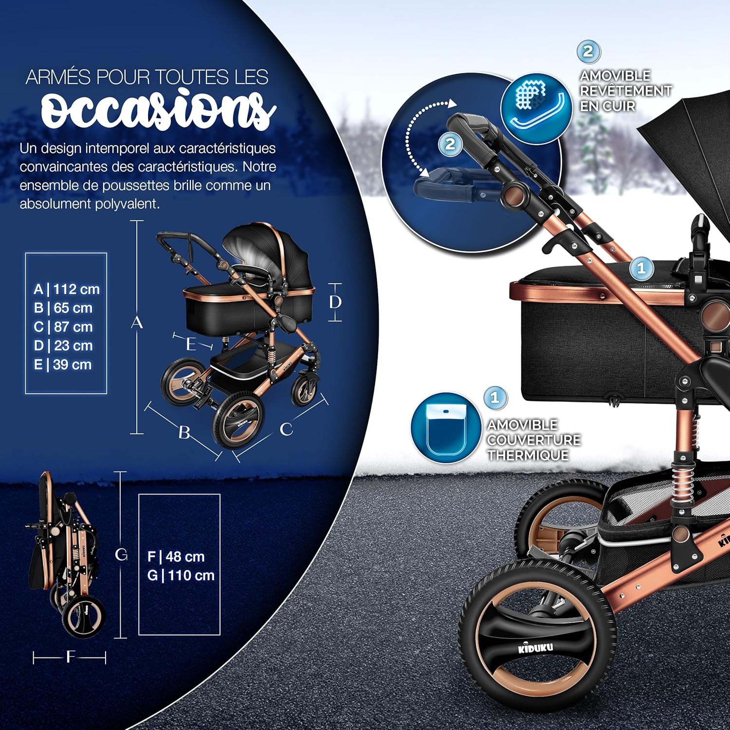 KIDUKU® Poussette Combinée 3 en 1 | Trio pour Enfants | Siége Auto Légère, Piable | Nacelle Souple Convertible | Set de Voyage (Noir/Champagne)