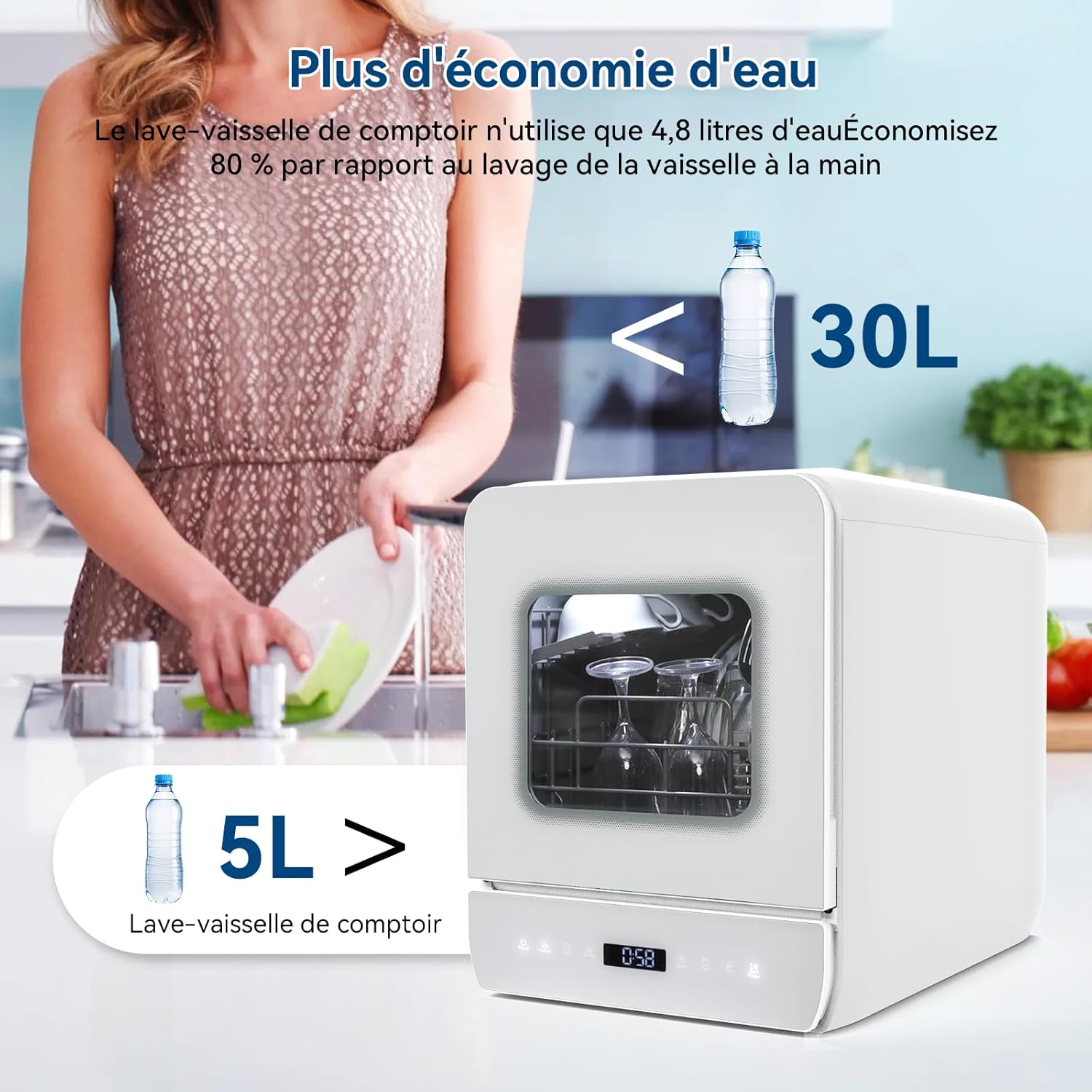 YU YUSING Mini Lave-vaisselle Compact 45cm avec 6 Programmes 4 Couverts, Petit Lave-vaisselle Sans ou Avec Arrivée d'Eau, Portable, Réservoir d'Eau 5L, Commande Tactile, Écran LED