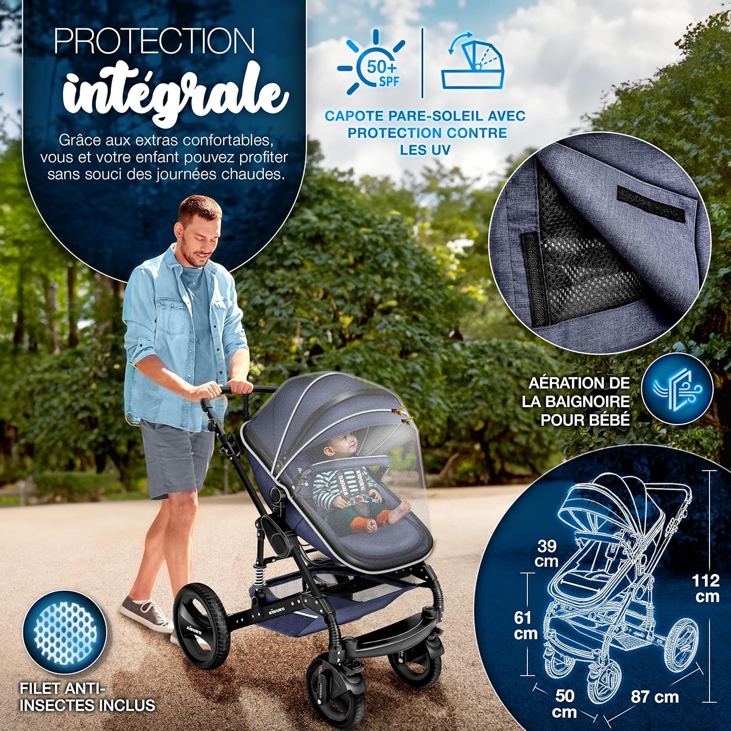 KIDUKU® Poussette Combinée 3 en 1 | Trio pour Enfants | Siége Auto Légère, Piable | Nacelle Souple Convertible | Set de Voyage (Noir/Champagne)