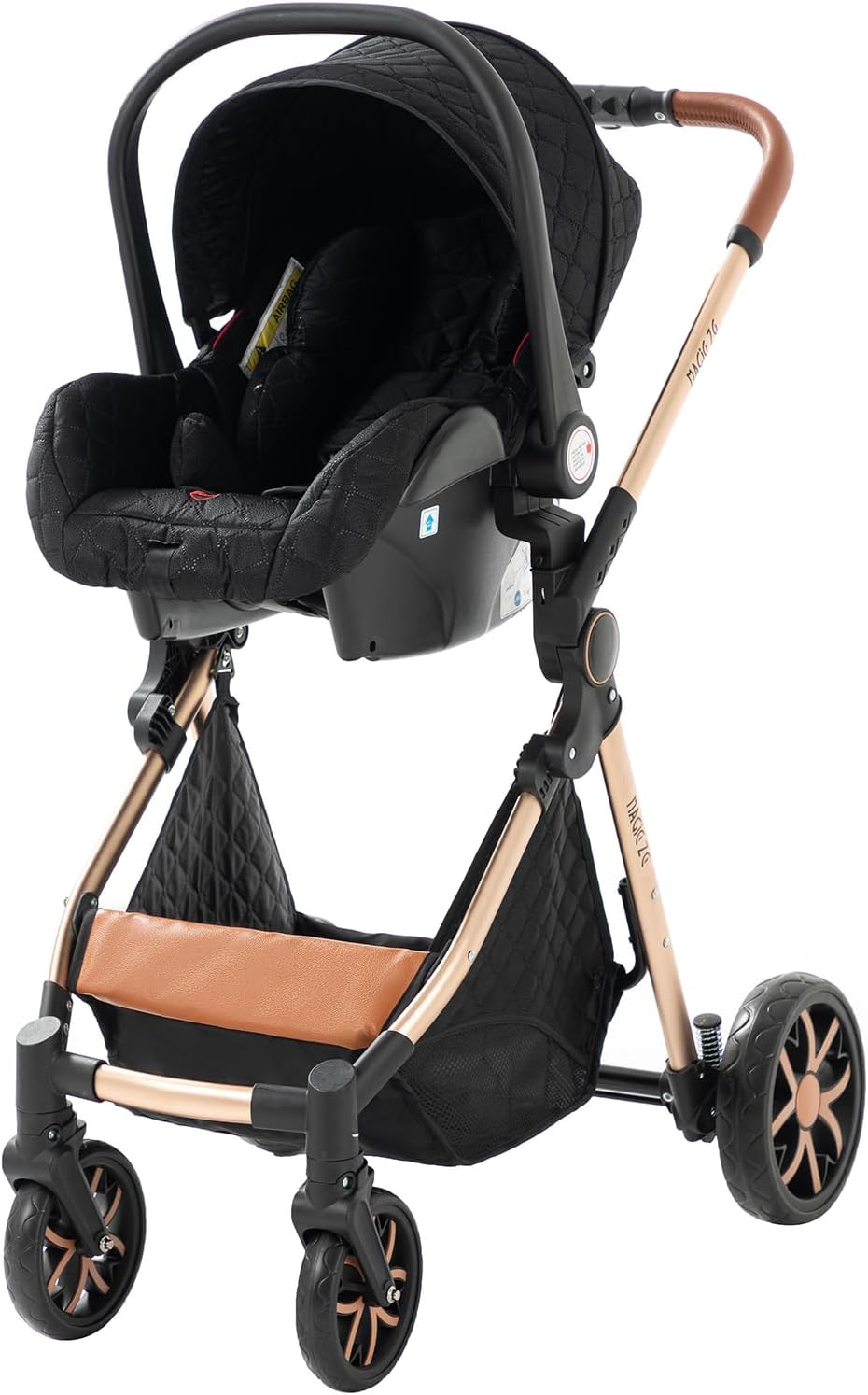 Magic ZC Poussette 3 en 1, Poussette Bebe avec Conception Portable Pliable en Un Clic, Pousette 3 en 1 avec Poussée Réversible Bidirectionnelle, Poussette Trio avec Accessoires (black gold 588)