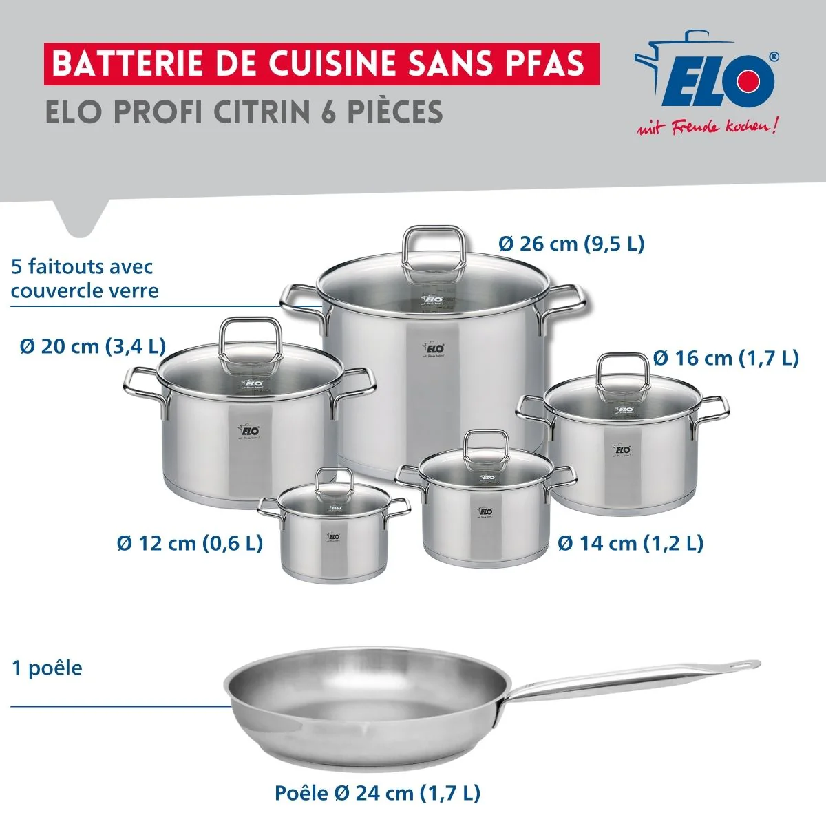 Ensemble de 1 Poêle de cuisson 24 cm et 5 faitouts 12, 14, 16, 20 et 26 cm Elo Profi Citrin Elo