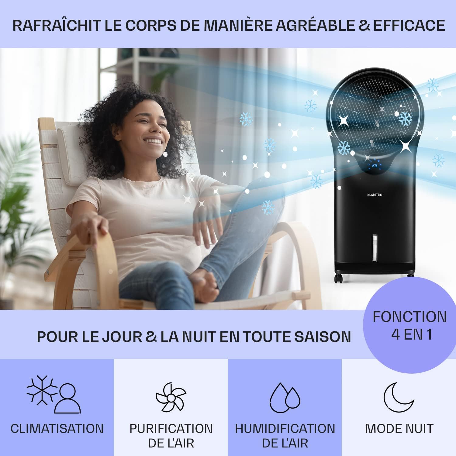 Klarstein Climatiseur Mobile 3 en 1, Climatiseur Portable avec Humidificateur, Ventilateur, Climatiseur Mobile Sans Évacuation, 2 Pack Glacons, Minuterie, 3 Modes, 90W, Puissant Débit d'Air 1600m³/h