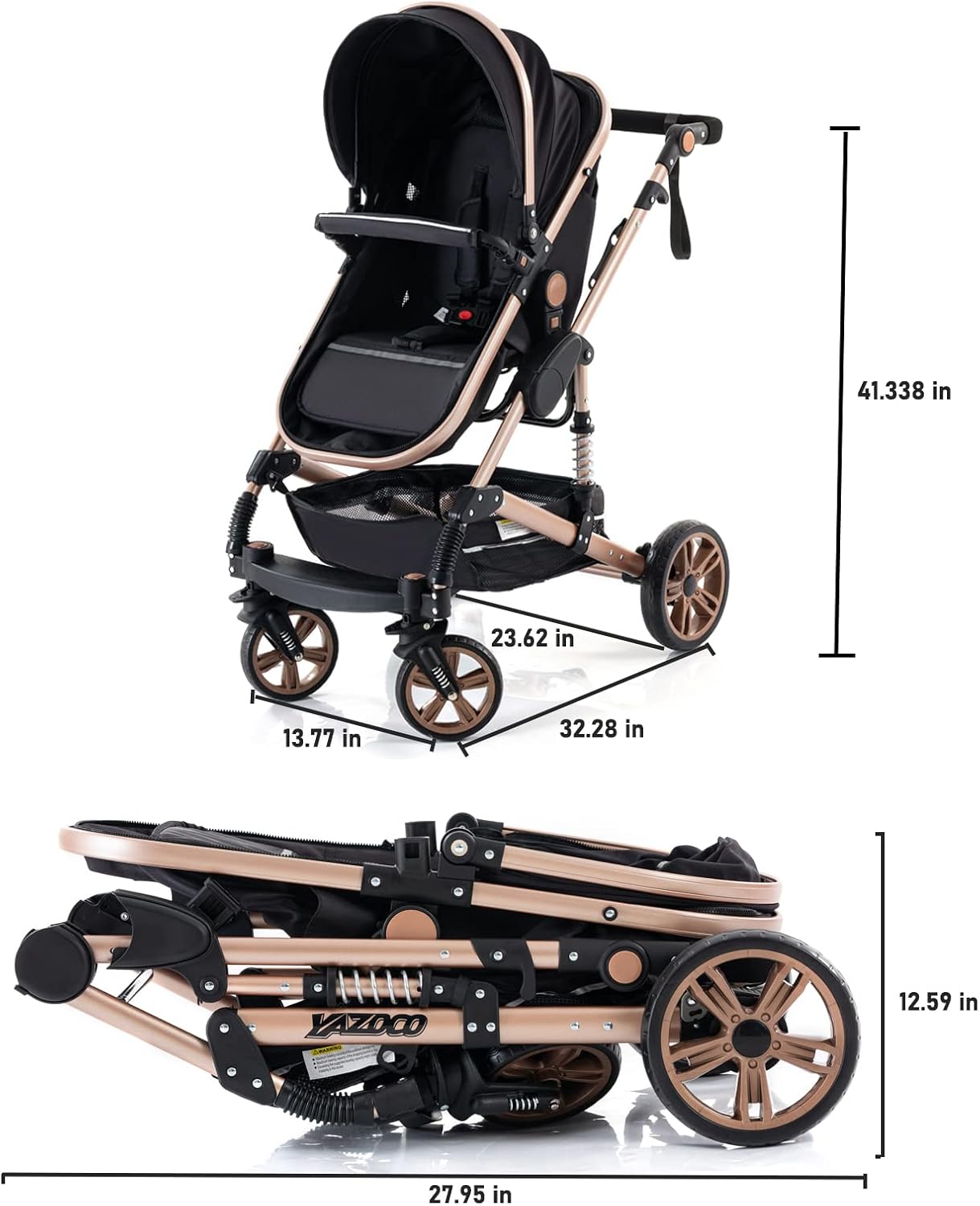 GLOKID Poussette 3 en 1, Poussettes Combinée Portable Pliant en Un Clic，Poussette Canne Poignée Réglable en Hauteur, Poussettes Combinée Paysage Haut Cadre en Aluminium (X1 NOIR)