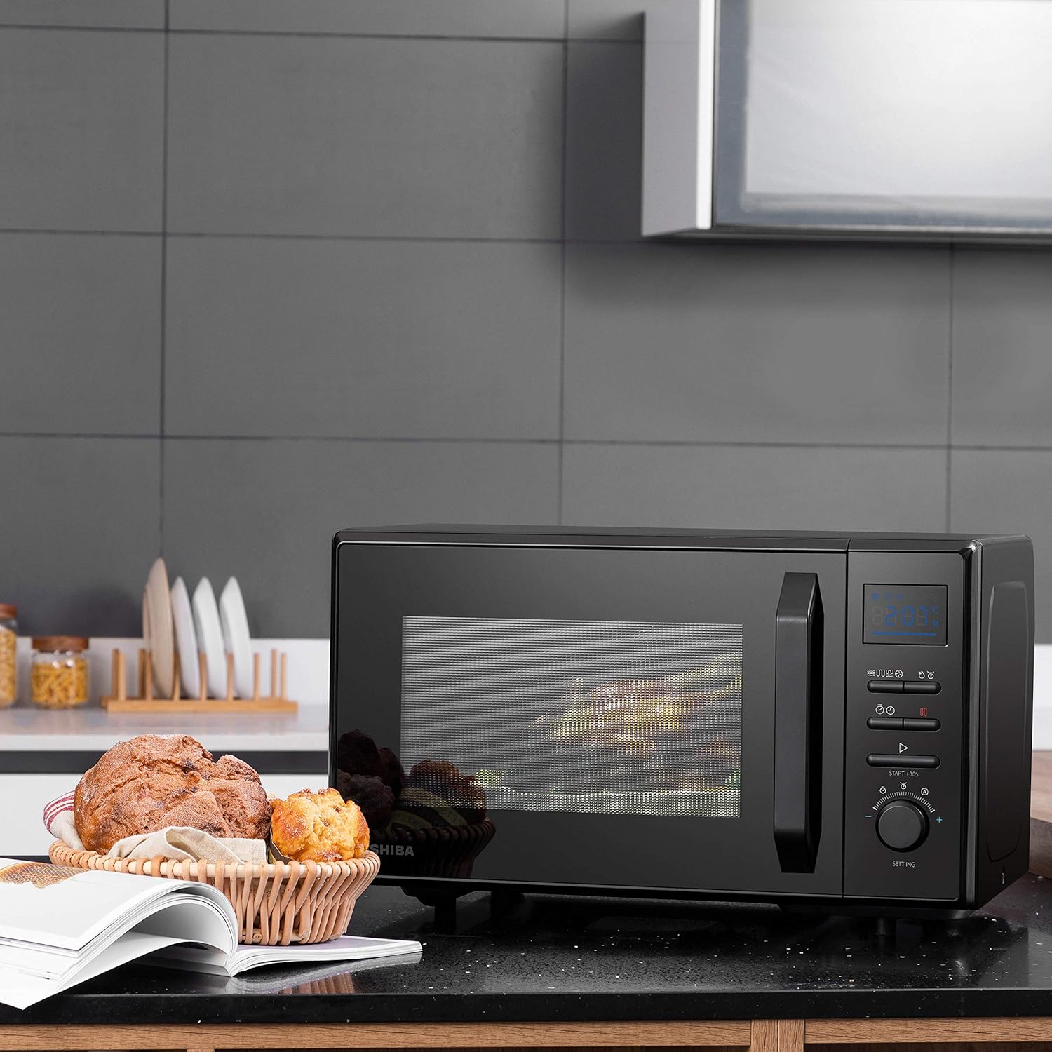 Toshiba Four à micro-ondes 4-en-1 25L MV-TC25T(BK), Technologie Origin Inverter, Micro-ondes avec friteuse à air chaud & Air chaud & Grill & Fonction Combi, 2100 W, Noir