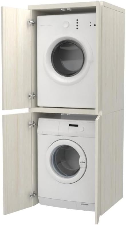 VE.CA Meuble lave-linge, sèche-linge, meuble buanderie avec portes, couleur chêne vintage, en bois, rectangulaire, colonne lave-linge et sèche-linge, fabriqué en Italie