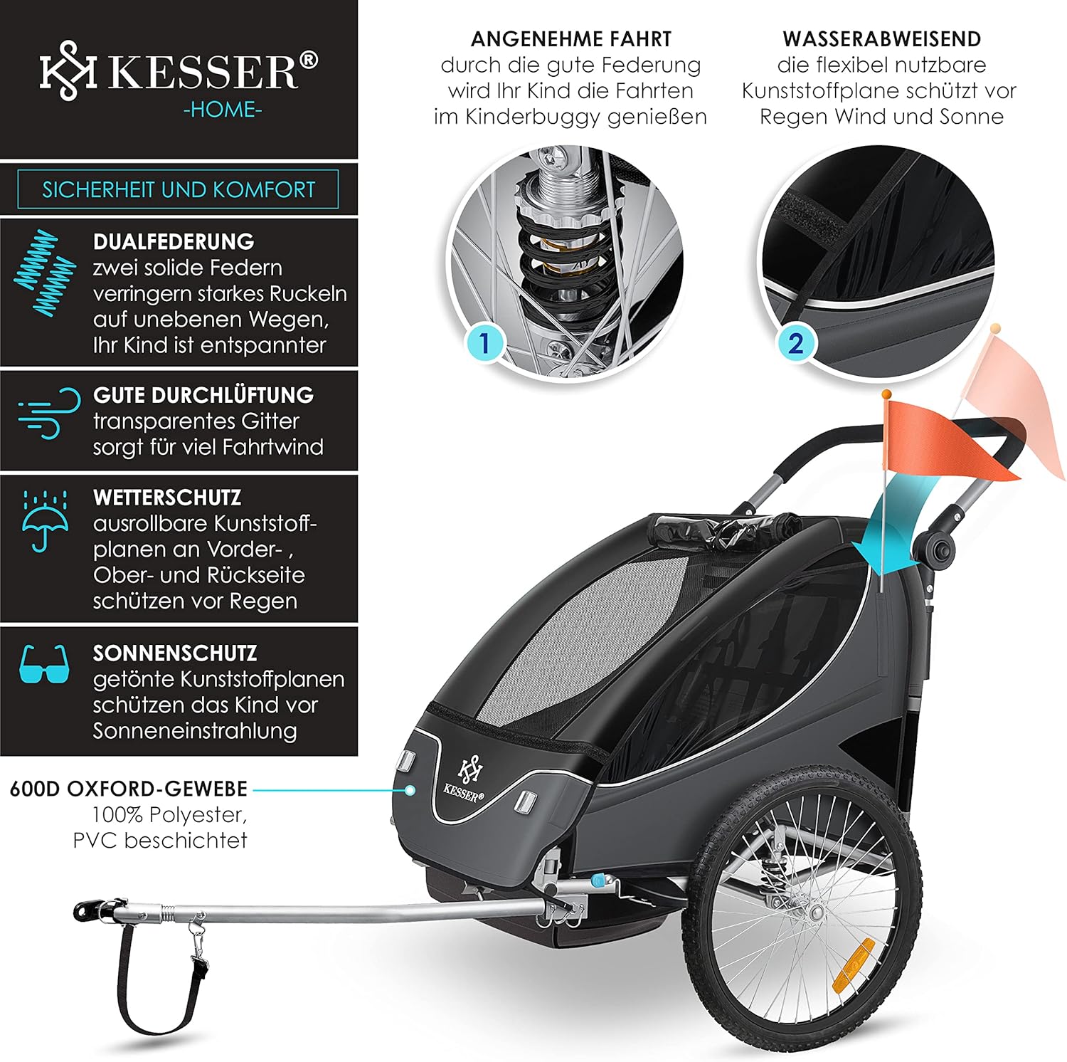 KESSER® Remorque de vélo pour enfant - Rotation à 360° - Avec suspension 2 en 1 - Fonction jogger - Remorque de vélo pour enfant - Sangle à 5 points - Pour 1 à 2 enfants - 40 kg