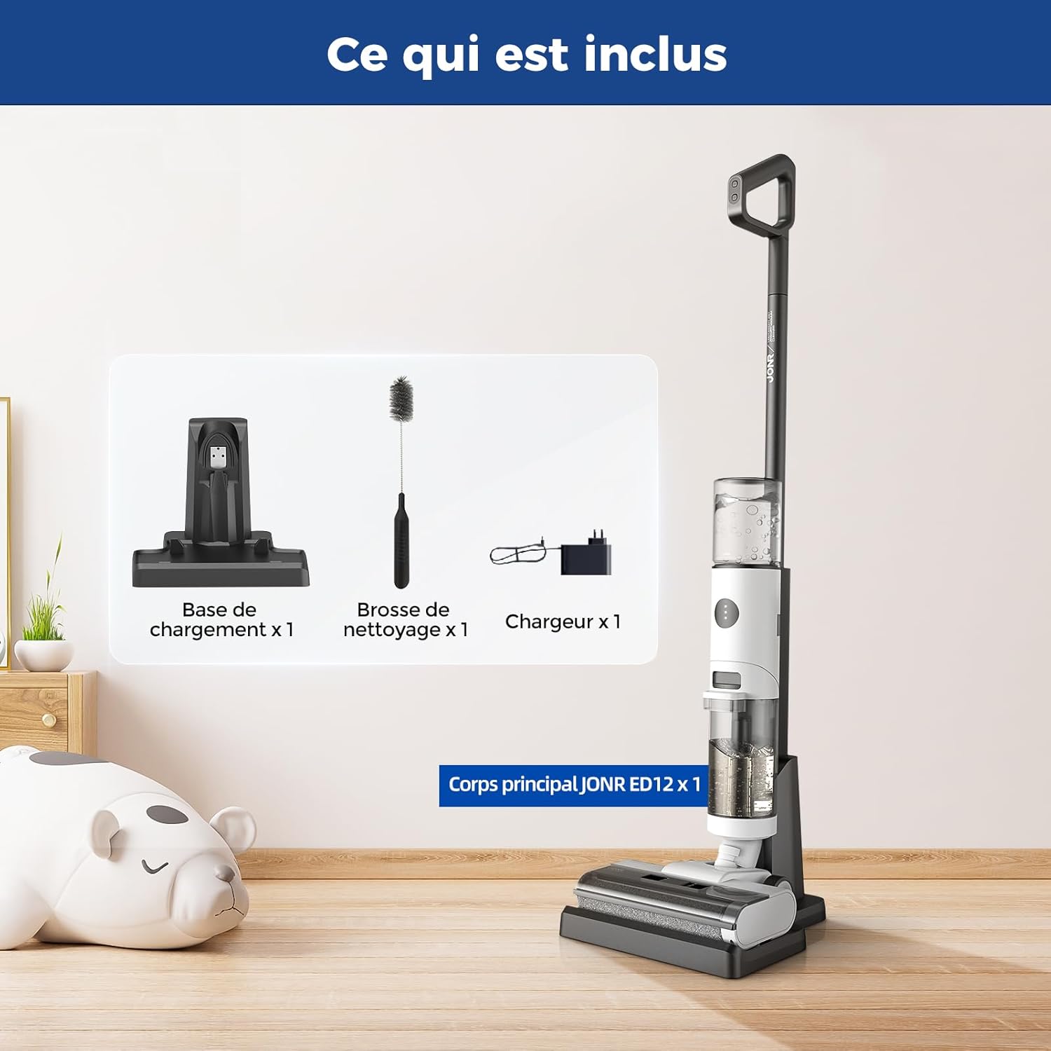 JONR ED12 Aspirateur Eau et Poussière, Aspirateur et Balai à Franges sans Fil 4 en 1, Brosse Rouleau de Nettoyage des Bords, Fonction d’Auto-Nettoyage, pour Sols Durs, Poils d'animaux