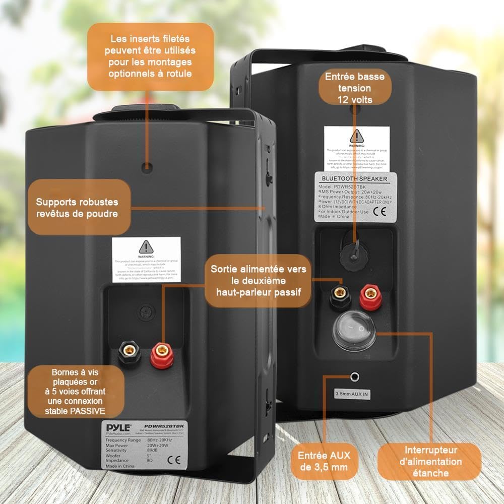 Pyle Enceinte d’Extérieur Bluetooth, Enceinte Mural étanche 240 W, Paire de Haut Parleur Imperméables, Active + Passive,Résistant à l'eau, Son Stéréo, Utilisation dans la Piscine, Patio, l'Intérieur
