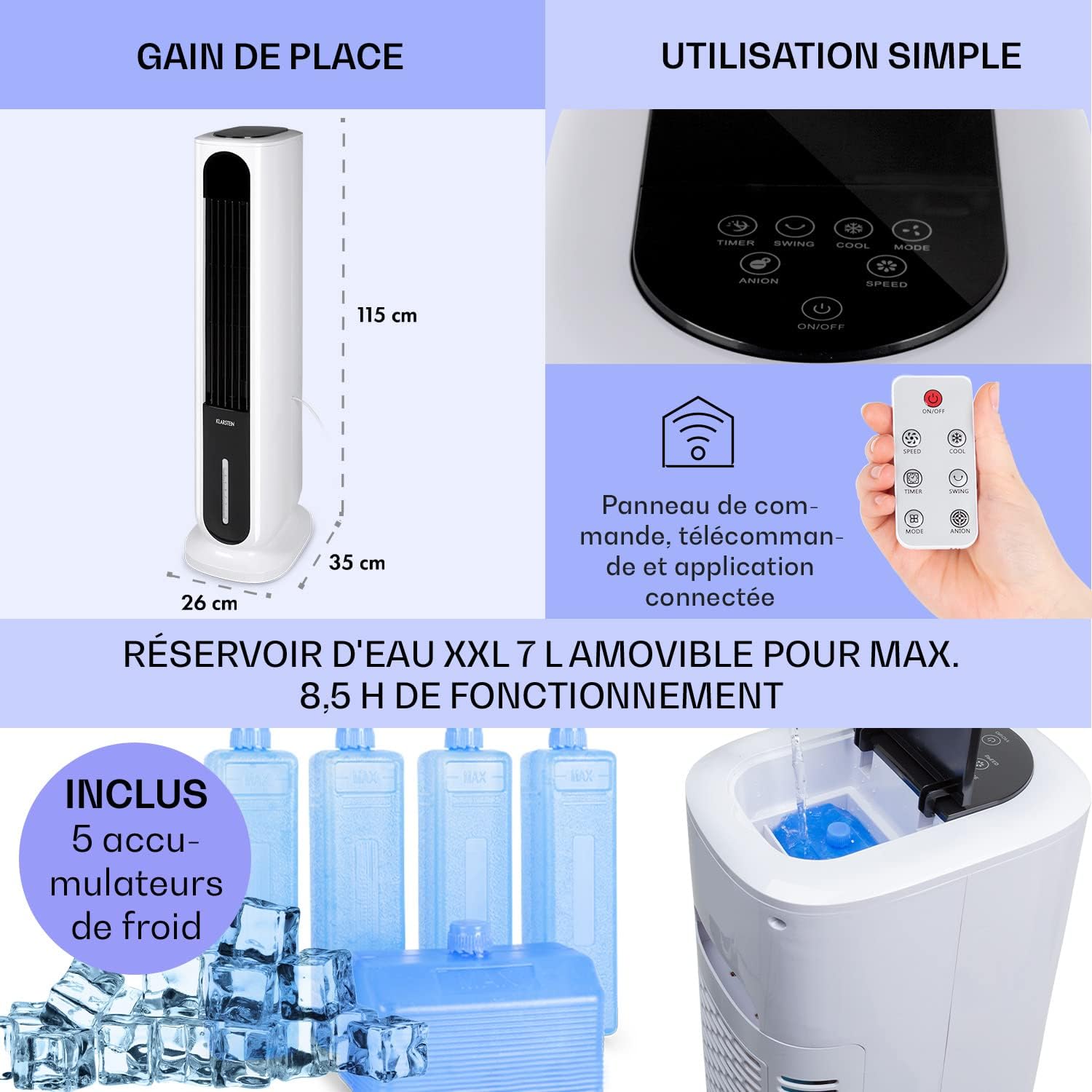 Klarstein Rafraichisseur d'Air Mobile 5 en 1, Refroidisseur d'Air par Evaporation avec Humidificateur, Ventilateur, Ioniseur, Climatiseur Mobile Sans Évacuation, Mode Nuit, 85W, Débit d'Air 3306m³/h