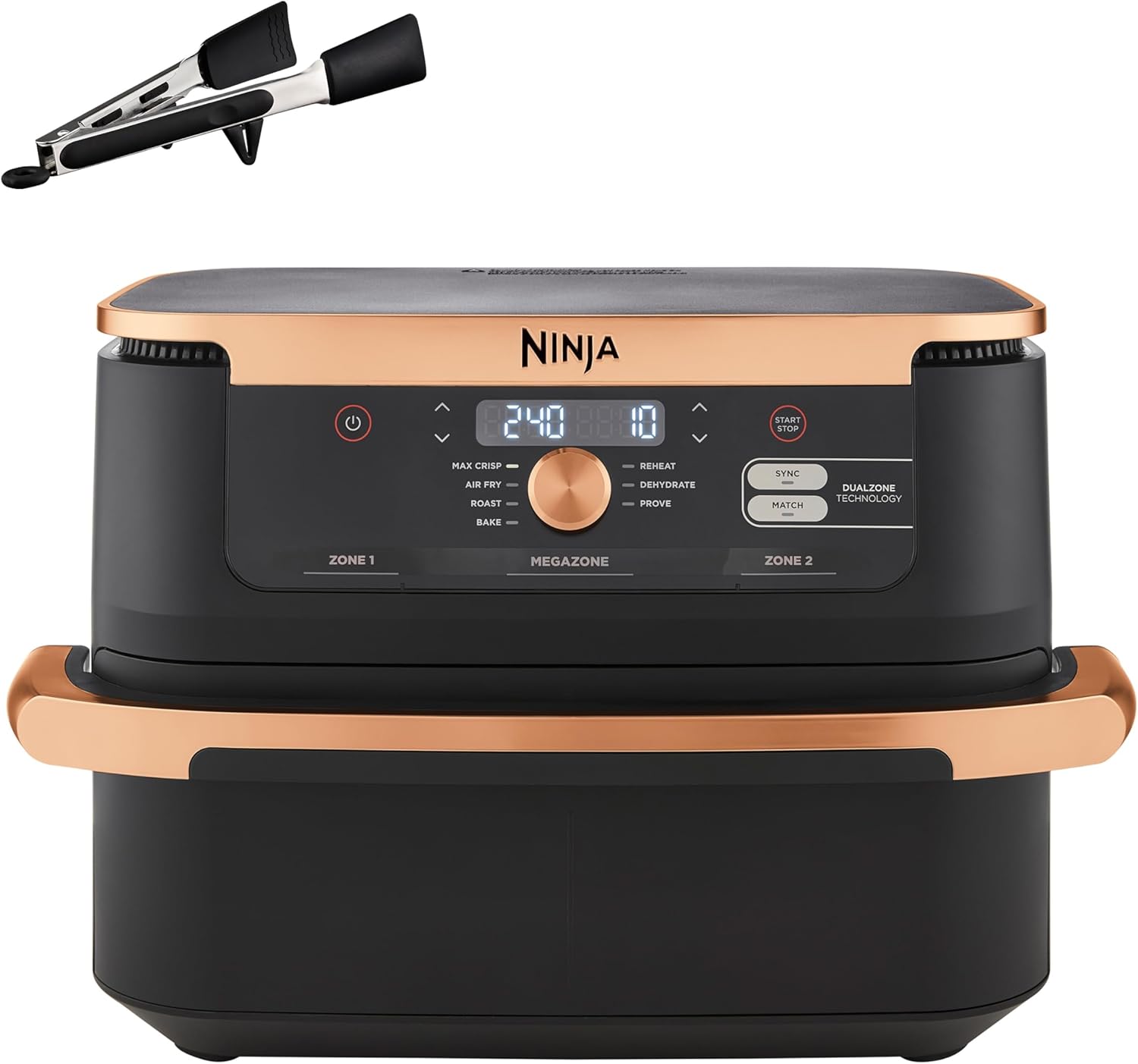 Ninja Foodi FlexDrawer Dual Zone Heißluftfritteuse, Airfryer mit 10,4-Fach und herausnehmbarem Trenner, Antihaftbeschichtung, spülmaschinenfester Korb, 7-in-1, Schwarz & Kupfer, AF500EUCP