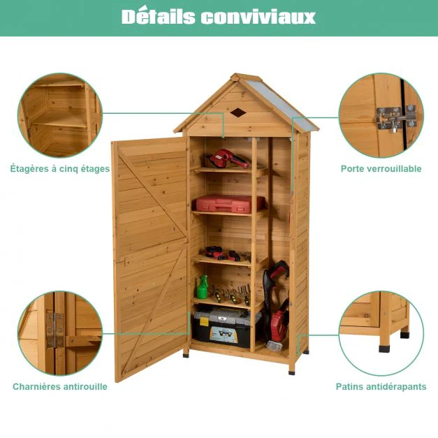 Abri de jardin extérieur à 5 etagères cabane verrouillable en bois de sapin toit en tle galvanisée  20_0005485