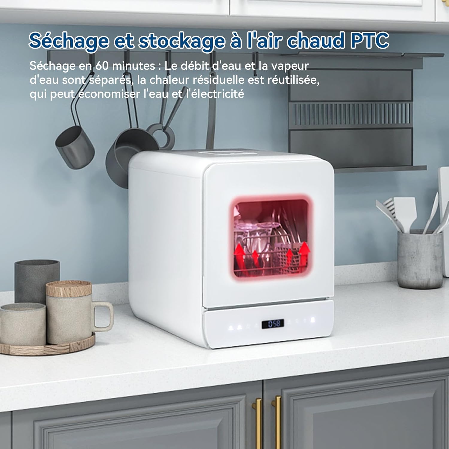 YU YUSING Mini Lave-vaisselle Compact 45cm avec 6 Programmes 4 Couverts, Petit Lave-vaisselle Sans ou Avec Arrivée d'Eau, Portable, Réservoir d'Eau 5L, Commande Tactile, Écran LED