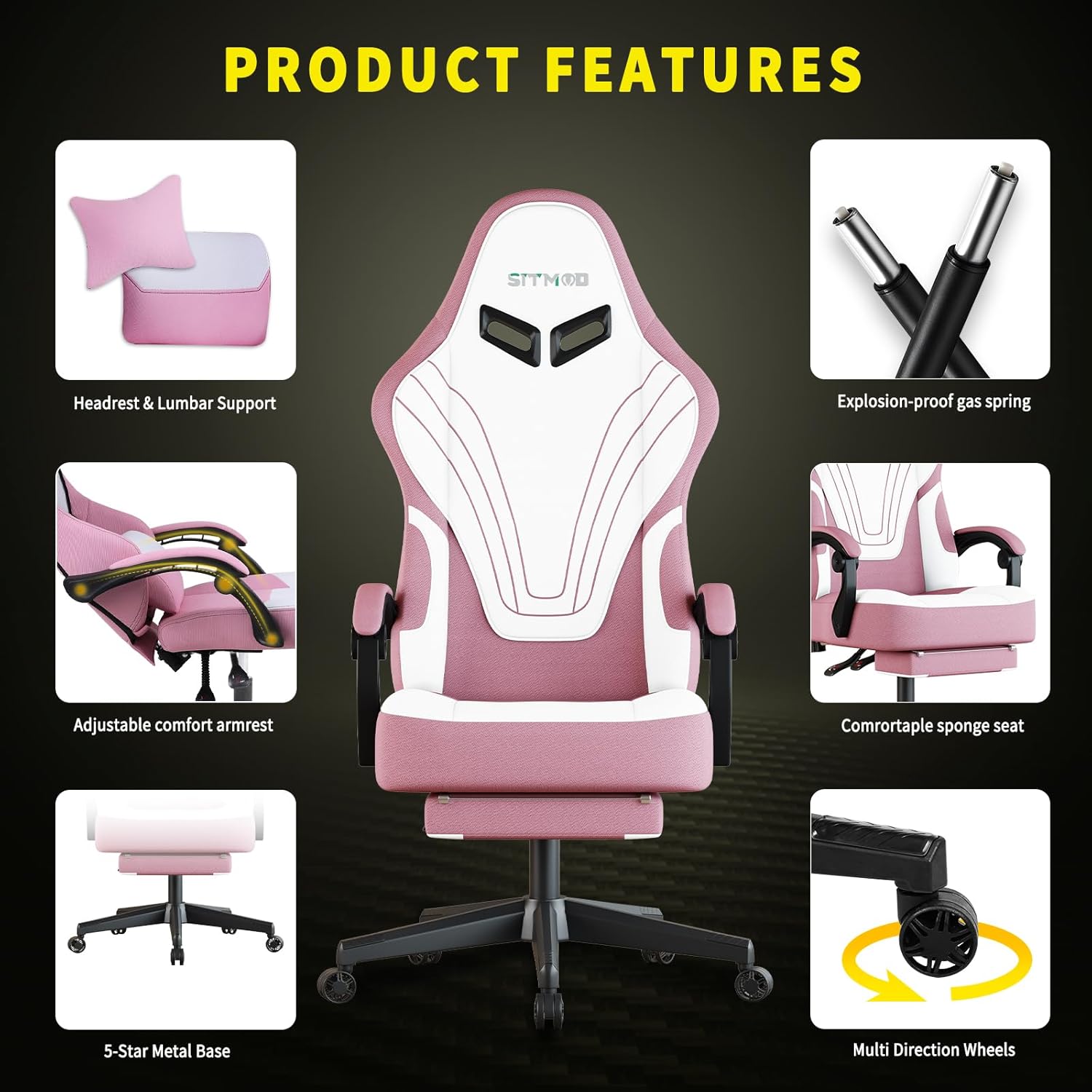 Ulody Chaise Gaming Ergonomique, Fauteuil de Bureau Pivotant, Dossier Haut, Siege Gamer avec Appui-tête et Soutien Lombaire Ajustables, Chaise de Jeu avec Repose-Pieds(Gris)