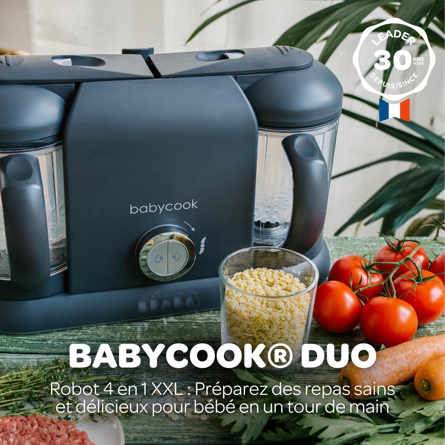 BÉABA, Babycook Duo Robot Bébé 4 en 1 Mixeur-Cuiseur, Cuisson Vapeur rapide 15min , Diversification alimentaire, Petits pots bébé maison, Contenance XXL 2200 ml, Noir