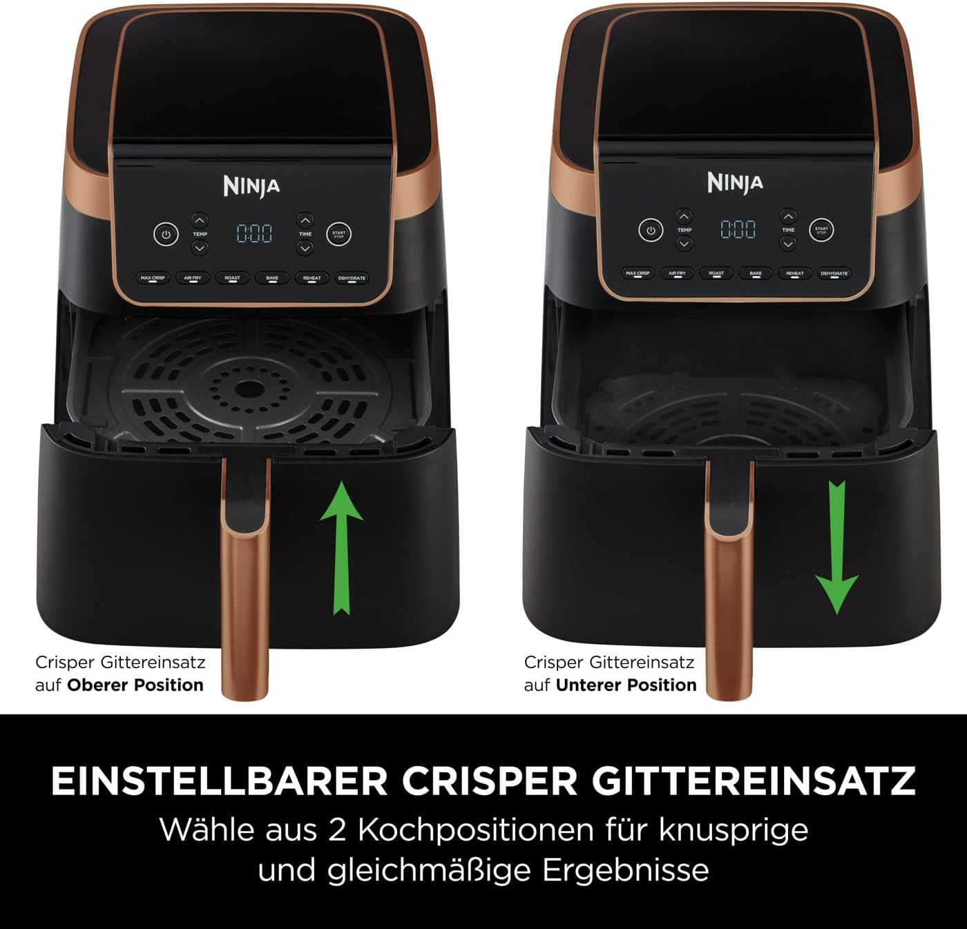 Ninja Foodi FlexDrawer Dual Zone Heißluftfritteuse, Airfryer mit 10,4-Fach und herausnehmbarem Trenner, Antihaftbeschichtung, spülmaschinenfester Korb, 7-in-1, Schwarz & Kupfer, AF500EUCP