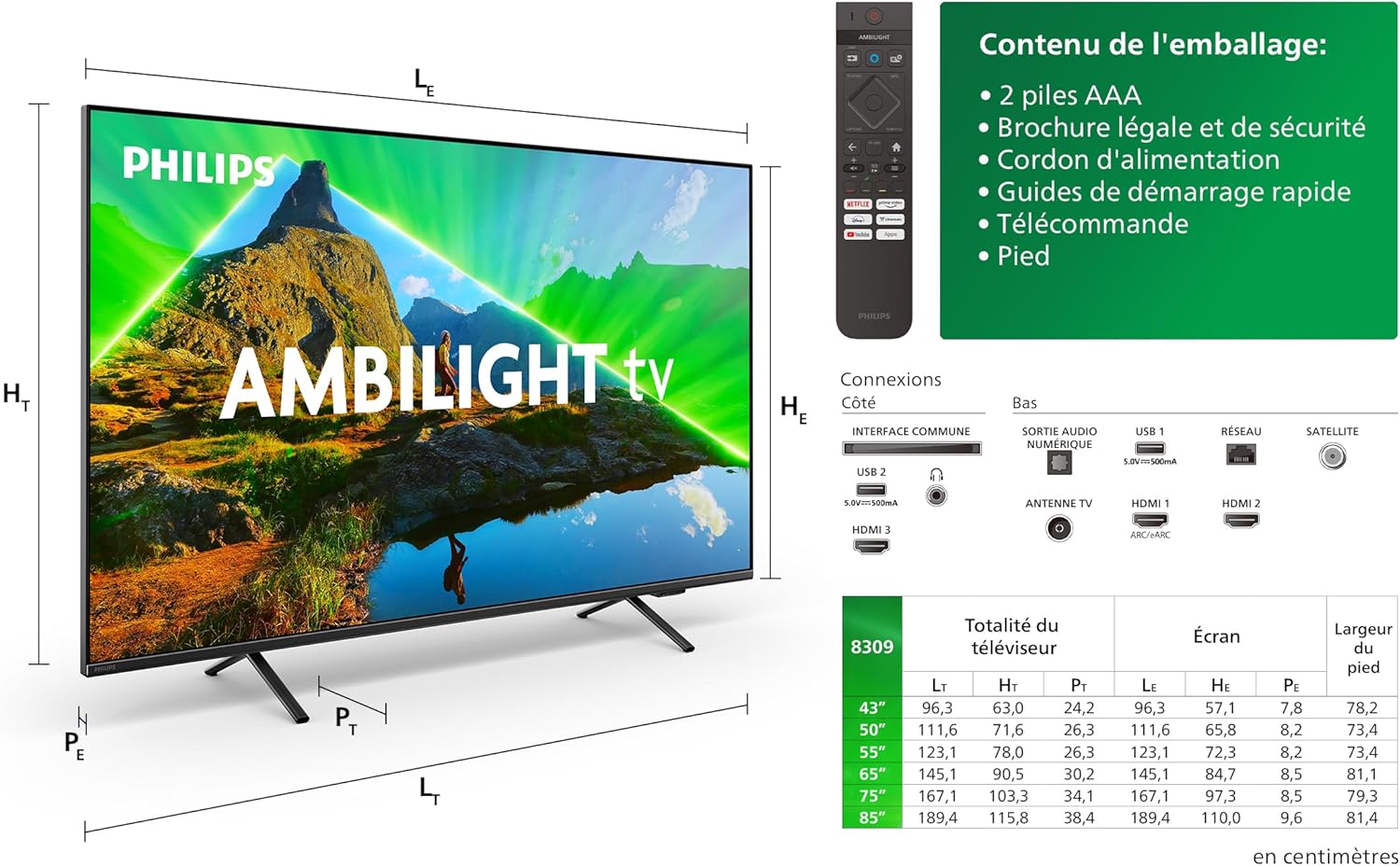 Philips Ambilight 43PUS8109 Smart TV LED 4K - Écran 43 Pouces avec Plate-Forme Pixel Precise Ultra HD, Titan OS et Son Dolby Atmos, Fonctionne avec l’Assistant Vocal Alexa et Google - Chrome satiné