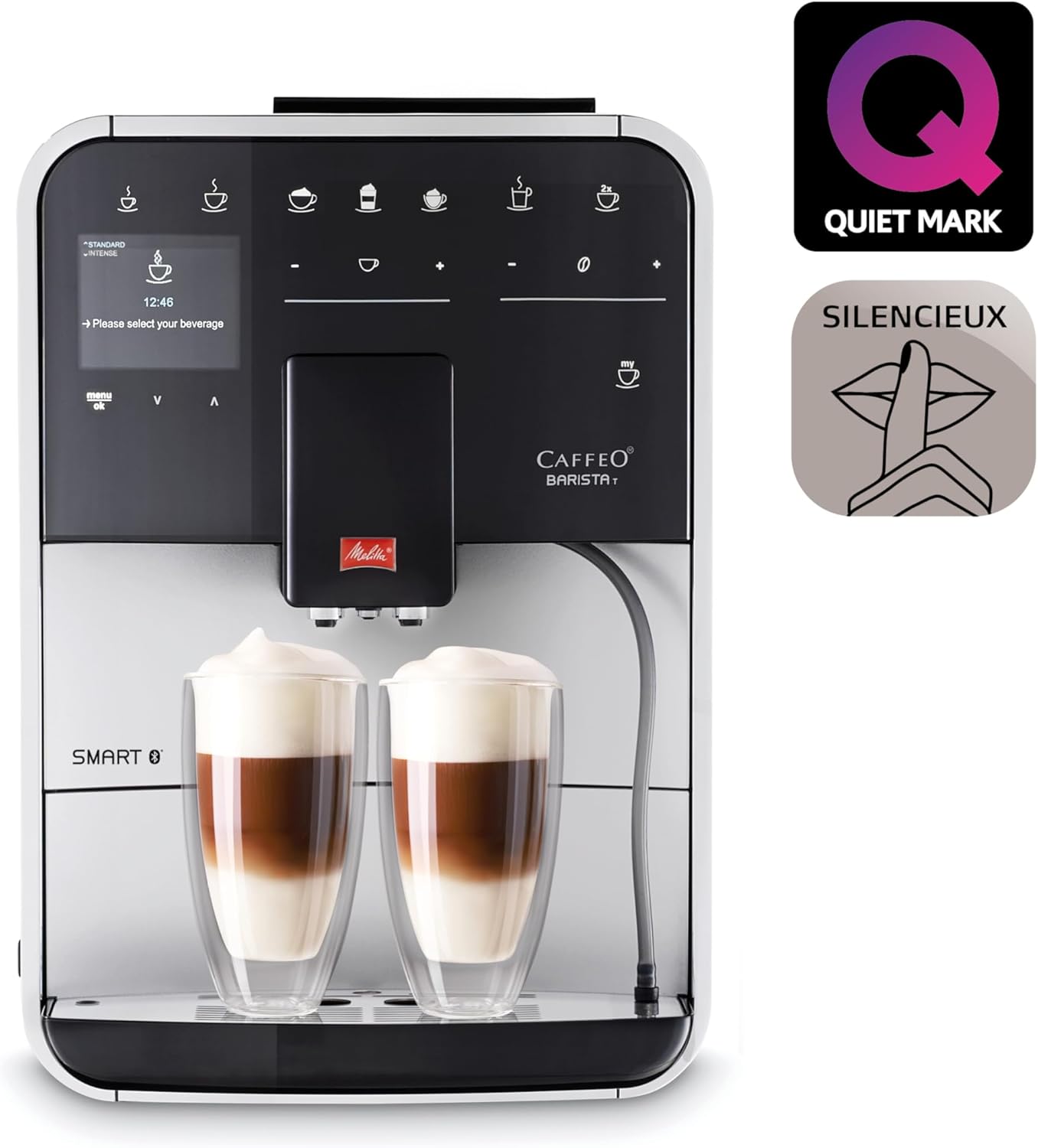 Melitta Barista T Smart Argent, Machine à Café à Grain avec Broyeur, Connectée, Système One Touch, Double bac à grains, 18 spécialités, Mode 1 à 2 Tasses, Écran Couleur TFT, F831-101