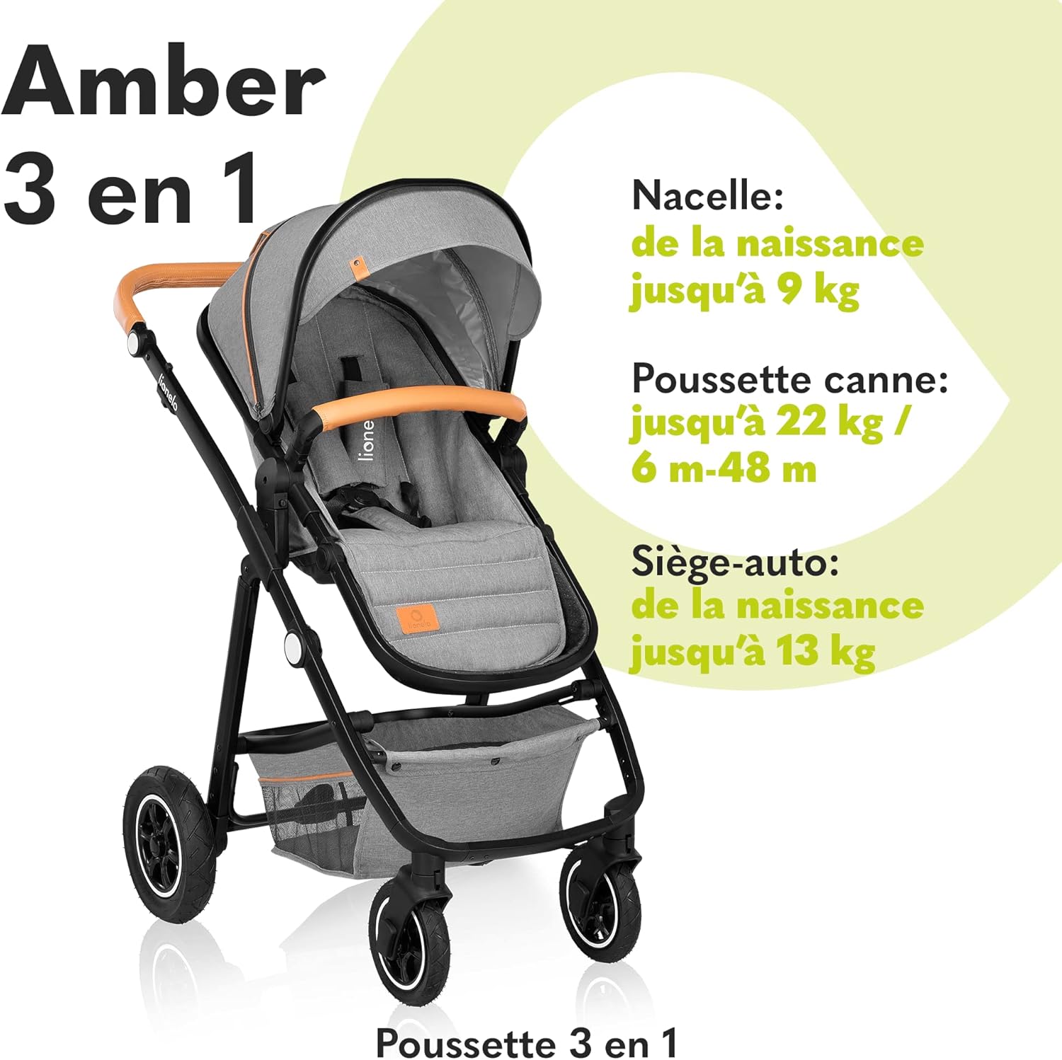 LIONELO Amber 3 in 1 poussette multifonctionnellle, landau, ensemble poussette avec siège sport et nacelle fixe, sac, moustiquaire, couvrir, feuille de pluie mit siege auto