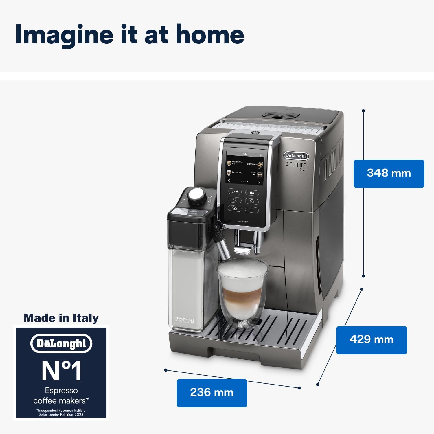 De'Longhi Dinamica Plus ECAM 370.95.T, Machine a Cafe Grain avec Système Lait, Cappuccino et Espresso, Écran Tactile TFT de 3.5 et Contrôle via Application, Fonction Carafe à Café, 1450W, Titan