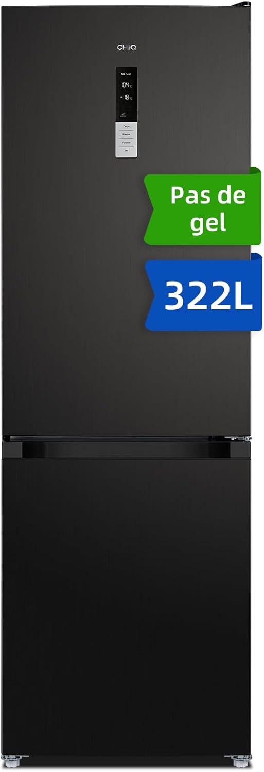 CHIQ Réfrigérateur autoportant 317L à Inverter, 322 l, sans givre, flux d'air multiple, congélation rapide, électronique tactile, compresseur avec garantie de 12 ans, efficacité améliorée, noir