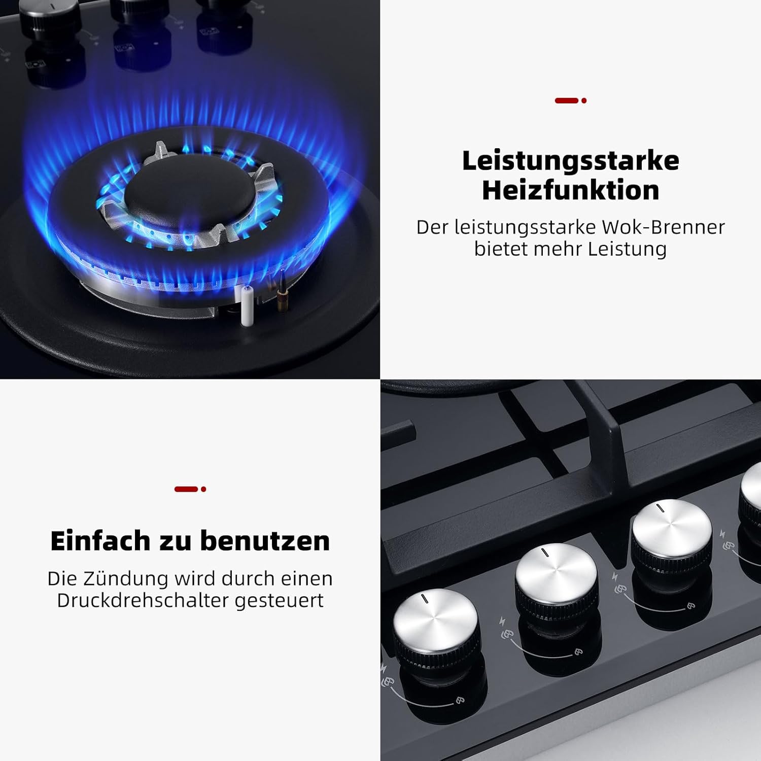 GASLAND GH2805BG1FC Table de cuisson à gaz 5 feux, Cuisinière à gaz avec brûleur wok, Table de cuisson à gaz encastrable, 76cm noir Cuisinière à gaz en verre, Cuisinière à gaz 10,4KW, GPL/NG