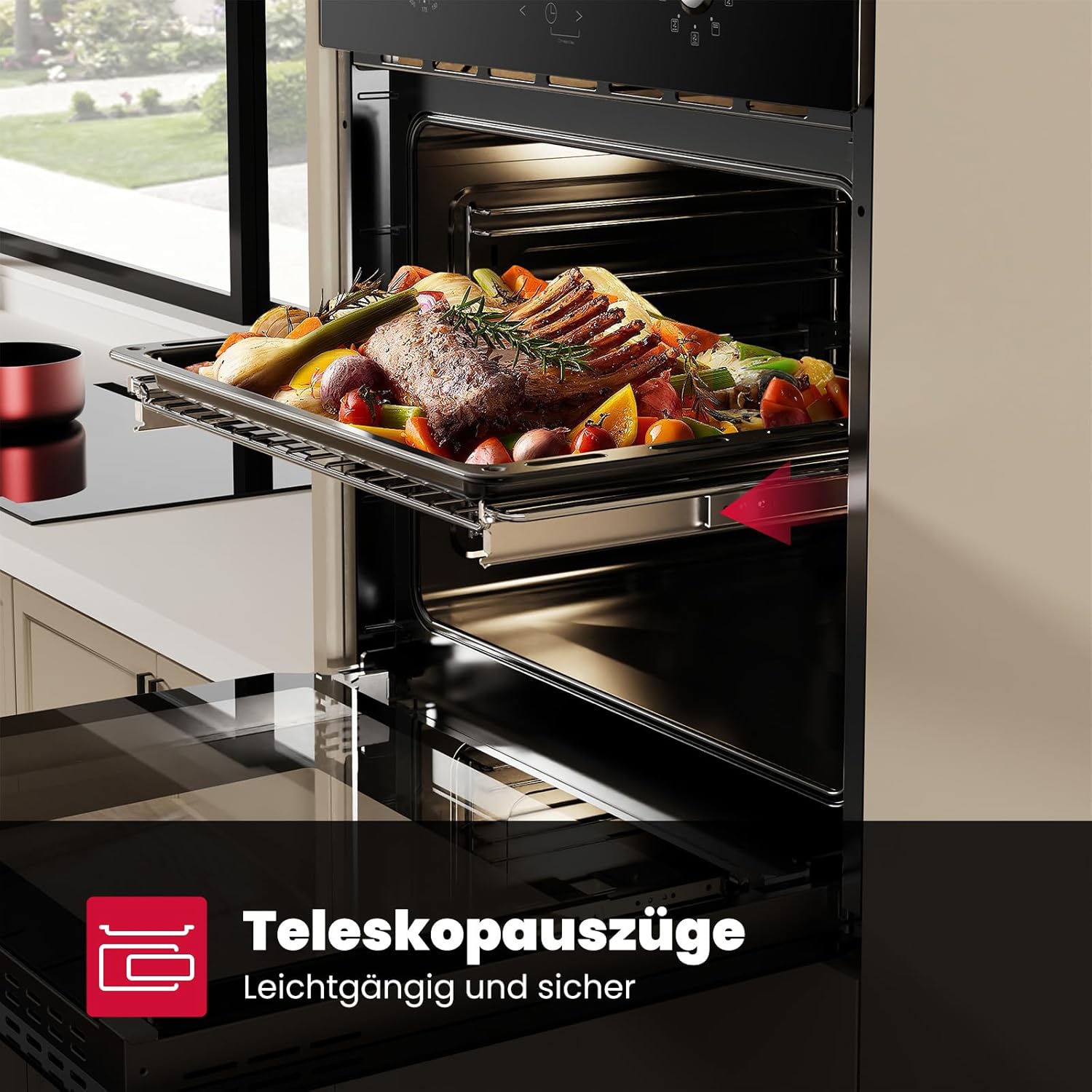 GASLAND ES609321DSH Four à encastrer, 70L, autarcique, four électrique avec 9 fonctions four, triple vitrage, tiroir télescopique et sélecteur rotatif escamotable, air chaud, inox, sécurité enfant