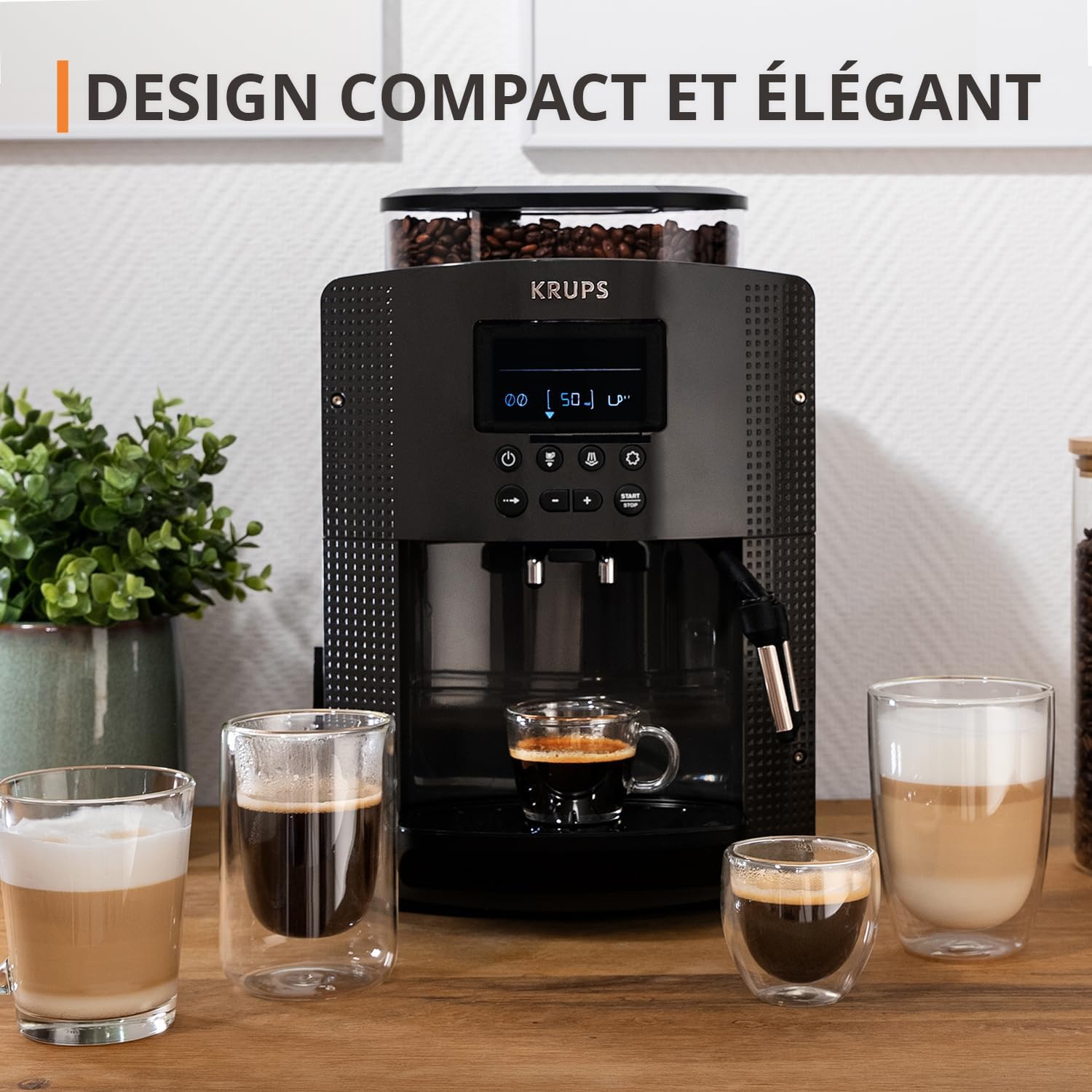 Krups Machine à café grain, 2 expressos simultanés, Ecran LCD, Cafetière espresso compacte, Nettoyage automatique, Buse vapeur pour Cappuccino, Essential noire YY8135FD, Noir