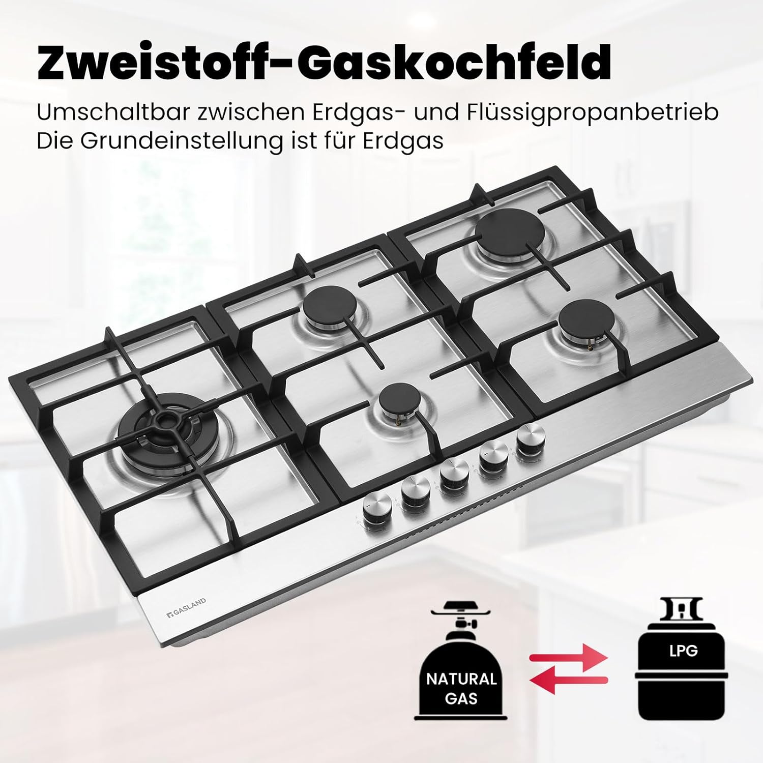 GASLAND GH2805BG1FC Table de cuisson à gaz 5 feux, Cuisinière à gaz avec brûleur wok, Table de cuisson à gaz encastrable, 76cm noir Cuisinière à gaz en verre, Cuisinière à gaz 10,4KW, GPL/NG