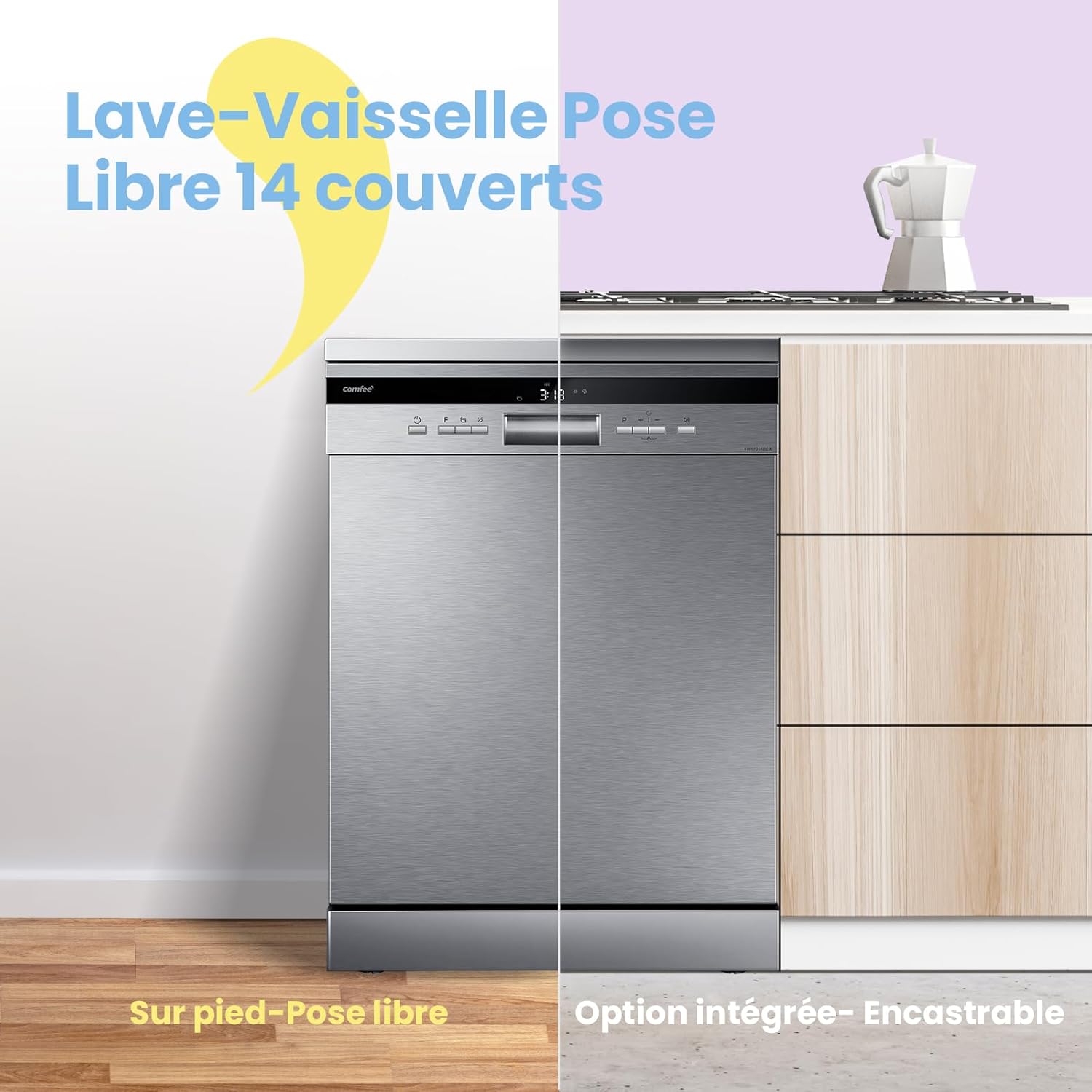 COMFEE' CDWPF1201PS Lave-vaisselle Pose Libre, 60 cm, 12 couverts, départ différé, fonction demi-charge, paniers flexibles - Acier Inoxydable, 49 dB, Commande Bouton