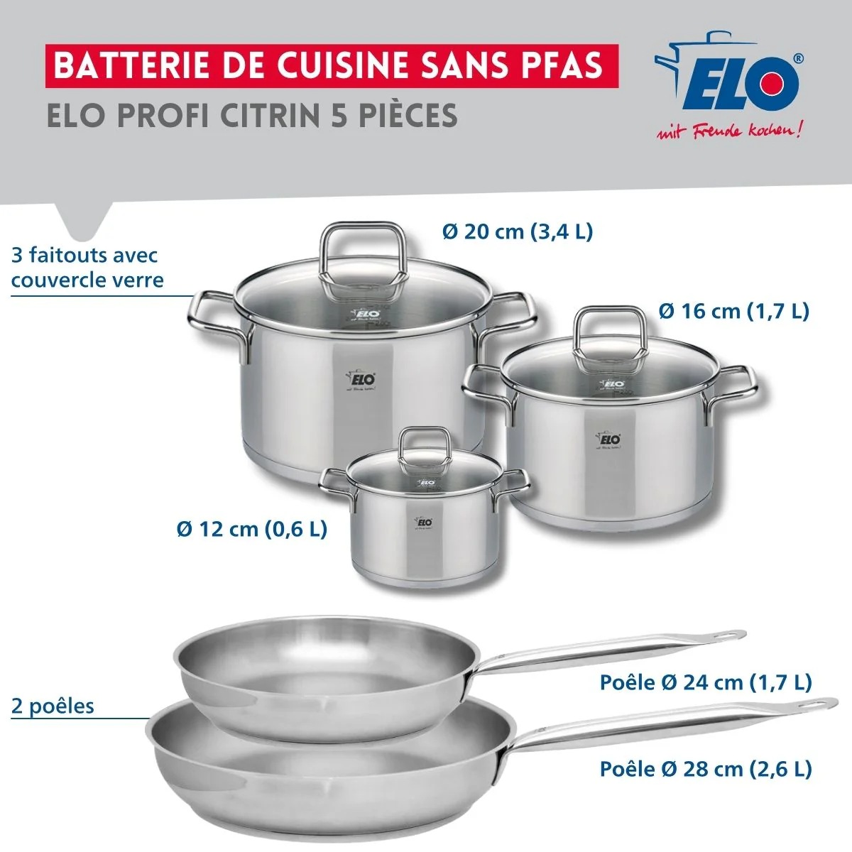 Set de 2 Poêles de cuisson 24 et 28 cm et 3 faitouts 12, 16 et 20 cm Elo Profi Citrin Elo