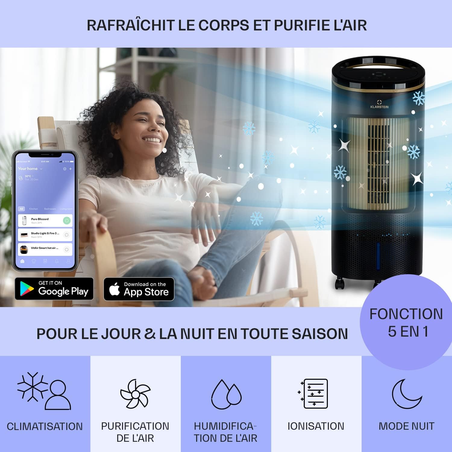 Klarstein Rafraichisseur d'Air 4 en 1, Climatiseur Portable Smart APP Mobile, Humidificateur, Ventilateur, Sans Évacuation 65W, Pack Glacons, Mode Nuit, Puissant Débit d'Air 330m³/h