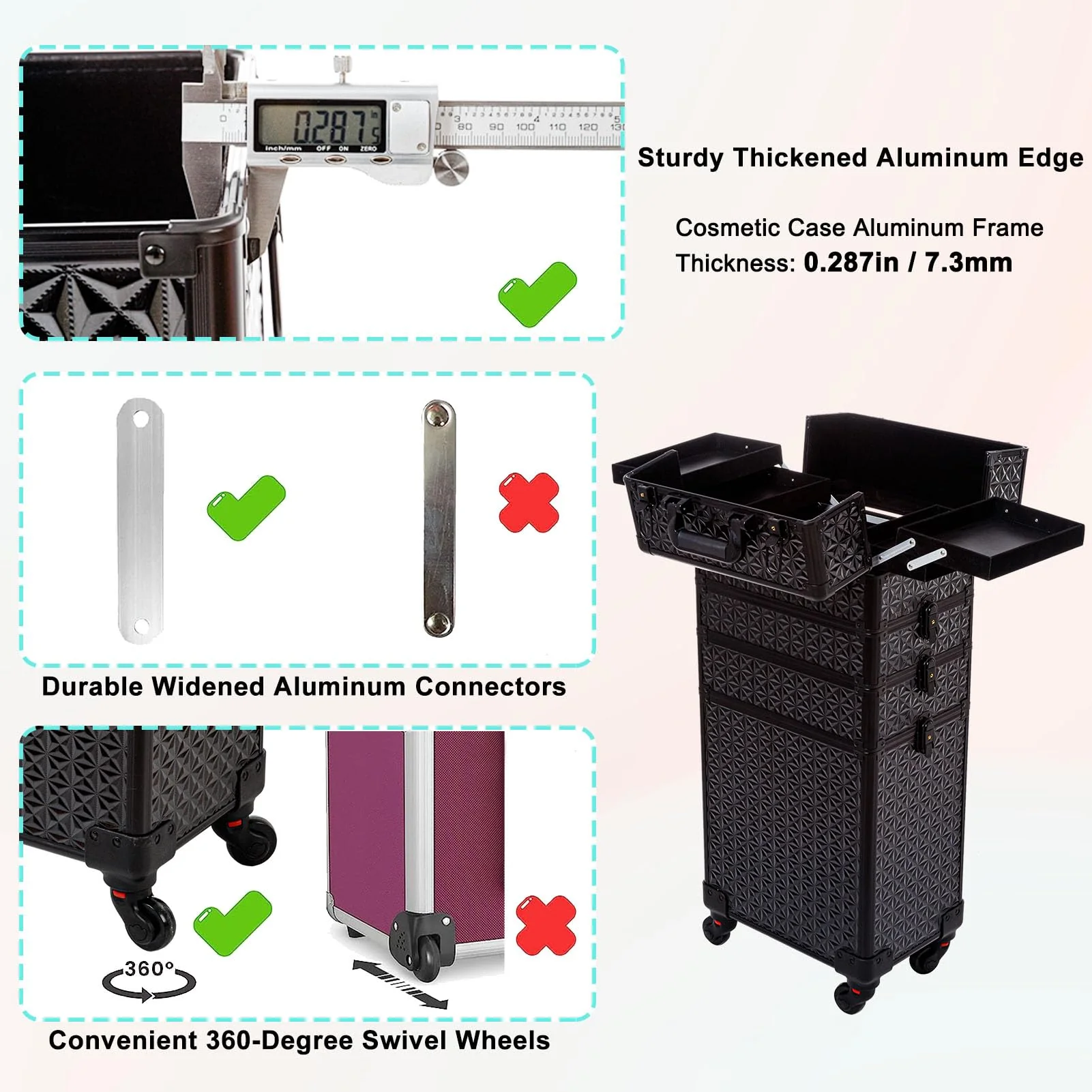 AROUS 5 in 1 Professional Makeup Train Case with 360° Swivel Wheels