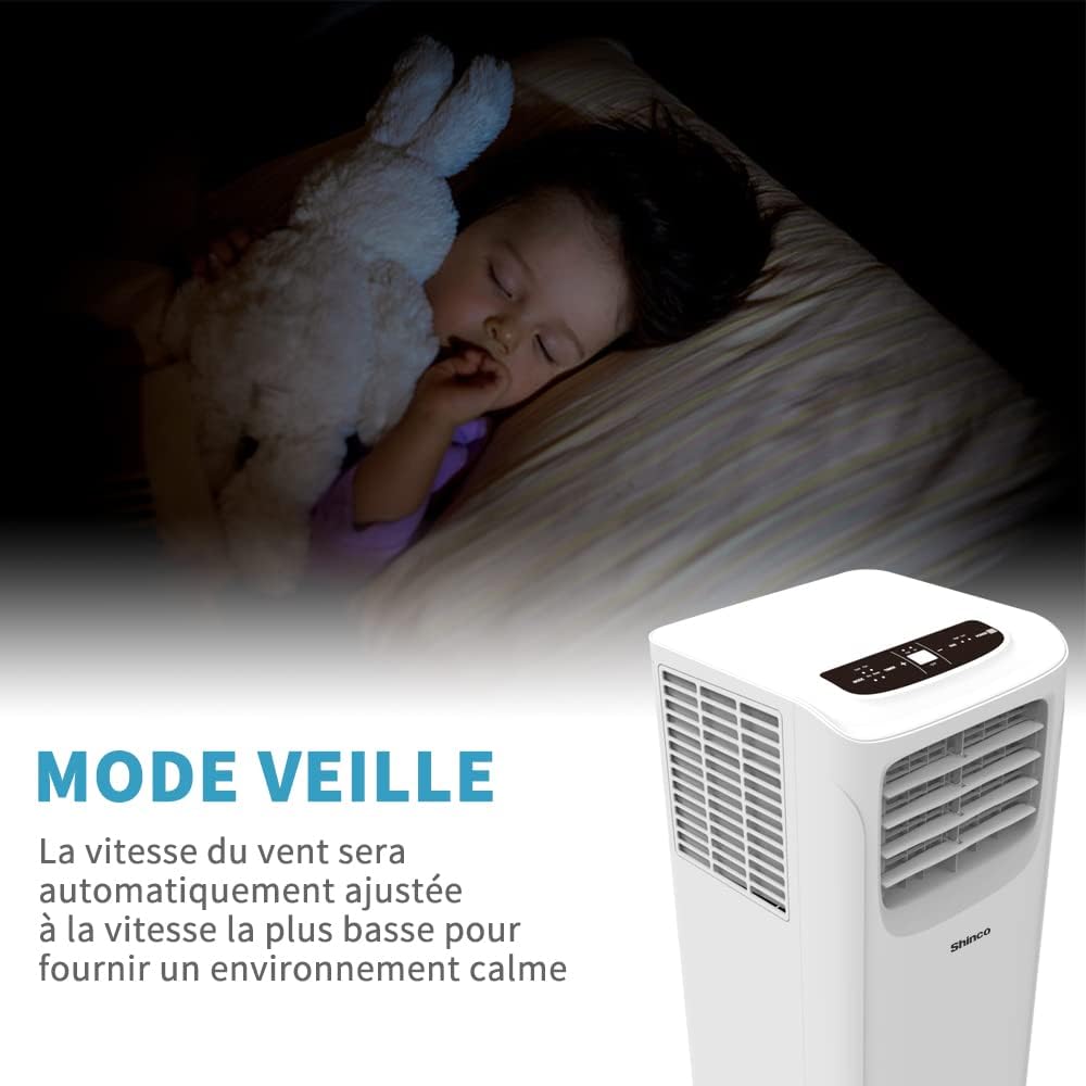 SHINCO Climatiseur mobile, 7000 BTU 2,05kW, Refroidir&Ventilation&Déshumidification, taille de la pièce jusqu'à 54m³(18㎡), Climatiseur mobile avec tuyau d'évacuation et tuyau de vidange, mode sommeil
