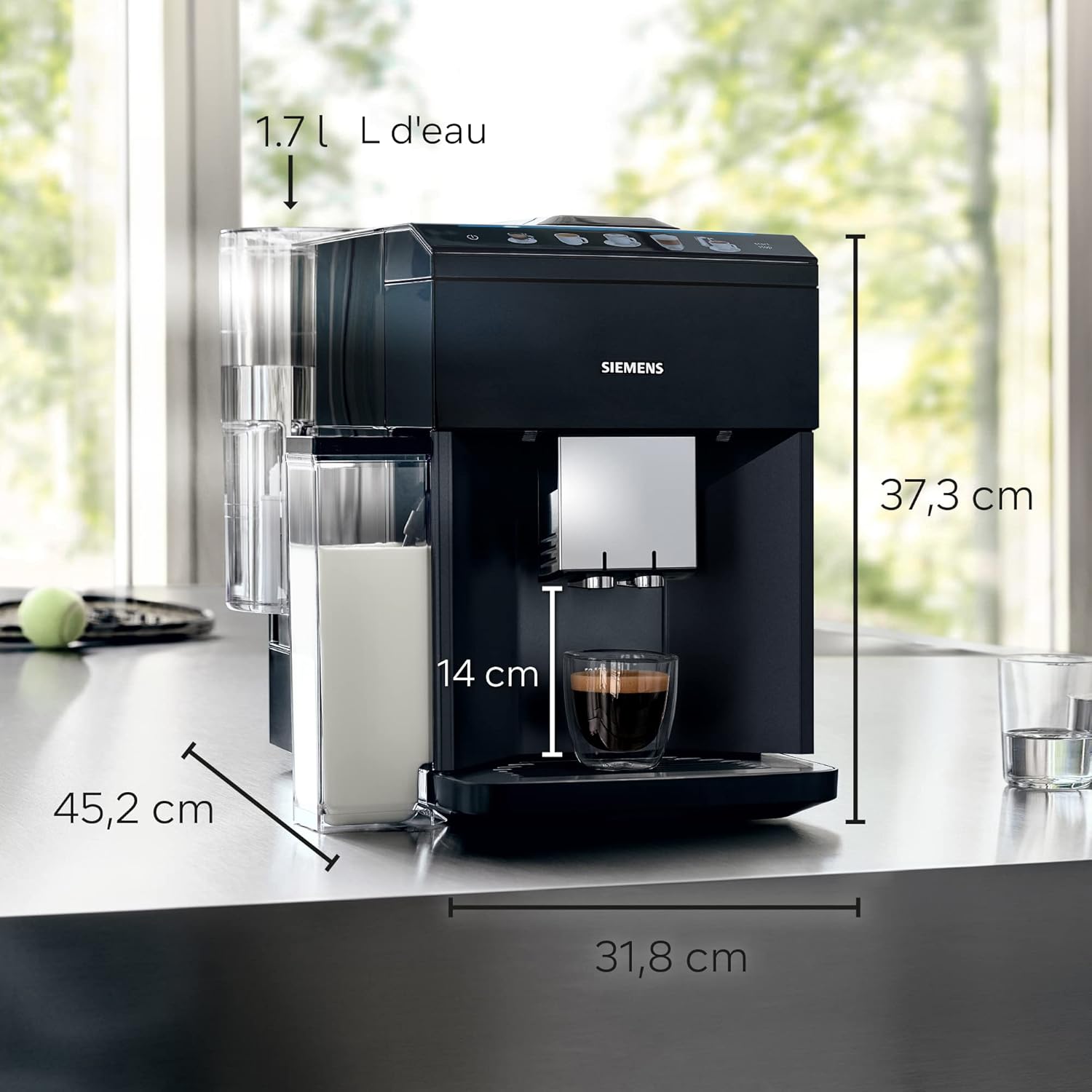 SIEMENS, machine à café tout automatique, EQ.500 integral, aromaDouble Shot, système autoMilk Clean, ceramDrive, affichage coffeeSelect, oneTouch DoubleCup, Noir saphir métallique, TQ505R09