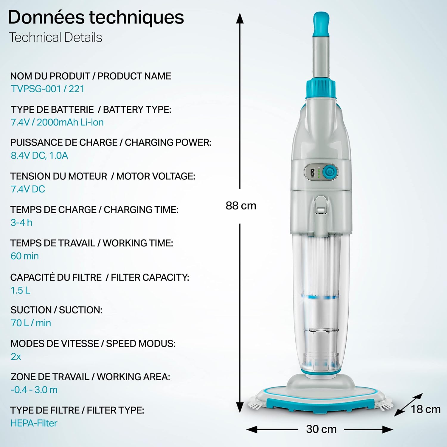 tillvex Aspirateur Électrique pour Piscines | Nettoyeur de Piscine sans Fil avec Manche Télescopique | Kit de Nettoyage avec Filtre & 2 Vitesses | Rechargeable