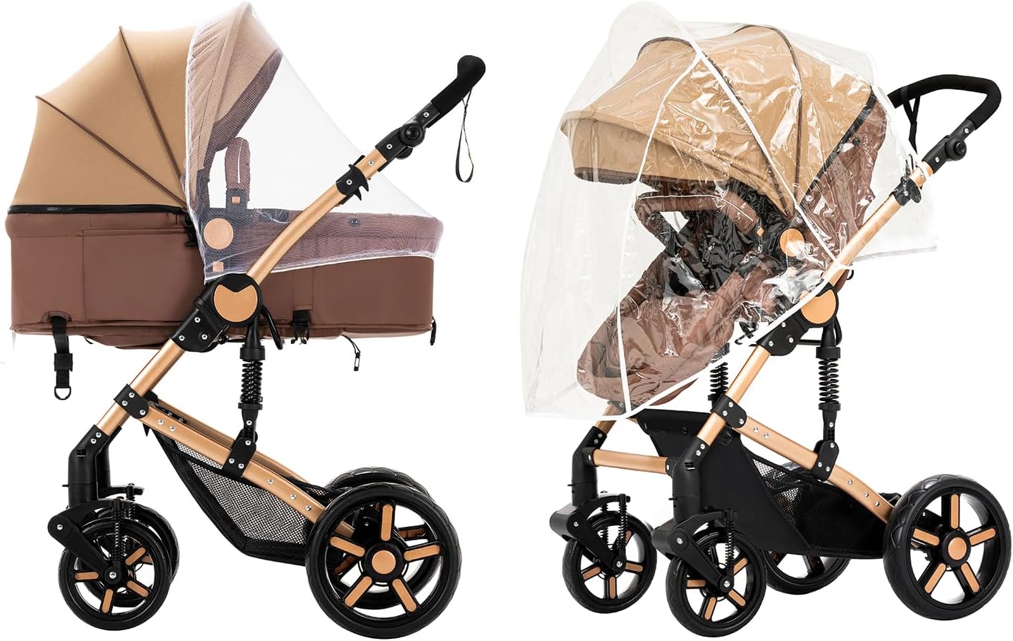 Magic ZC Poussette 3 en 1, Poussette Bebe avec Conception Portable Pliable en Un Clic, Pousette 3 en 1 avec Poussée Réversible Bidirectionnelle, Poussette Trio avec Accessoires (black gold 588)